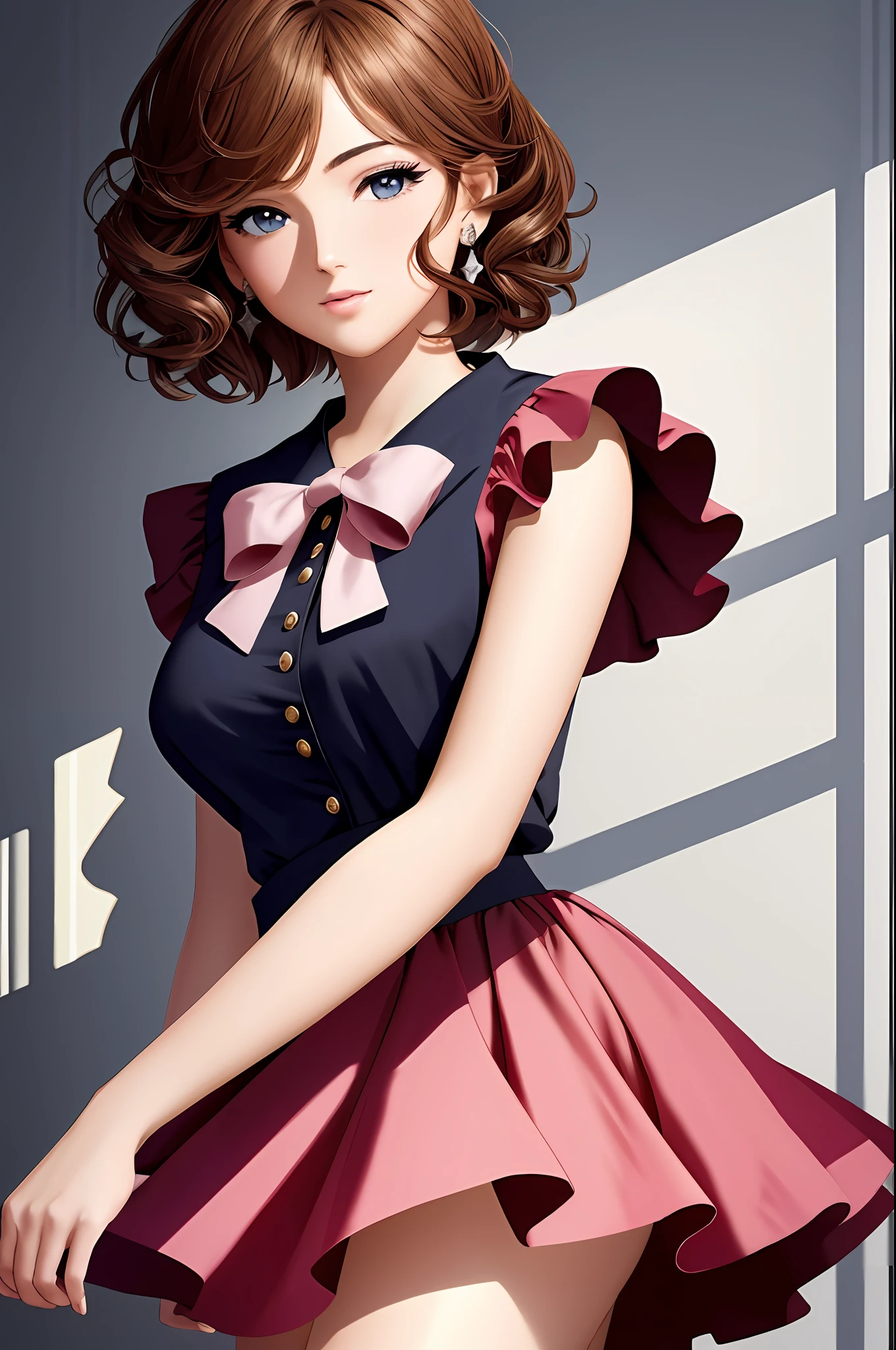 Illustration, anime style, (masterpiece, top quality, super detail, high resolution), perfect face, beautiful eyes, sidelights, shiny skin, (bloom), (shine), lighting, ray tracing, 1girl, solo, silva-colored short hair, black moisturized eyes, summer short sleeves, hair bow, pink skirt, bow, pink bow, lips, upper body, curly hair, chest, parted lips, jewelry, depth_ of_field, Very detailed background, Very detailed background, Masterpiece, Super detail, Great composition,Dynamic Angle,[Bottle Bottom],(Wide Shot), Very Delicate and Beautiful,(Best Quality), (Master Work), Depth of Field, Solo, Extreme Light and Shadow, Masterpiece, Detailed, (Fine Features), (Best Quality), (Masterpiece), (Detail), (Beautiful) Detail,Beautiful Detail Eye,(Straight On), Upper Body,(Very Detail CG Unity 8k wallpaper),(Masterpiece), (Best Quality), (Super Detail), (Best Illustration)(Best Shadow),Perfect Lighting,Perfect ???????