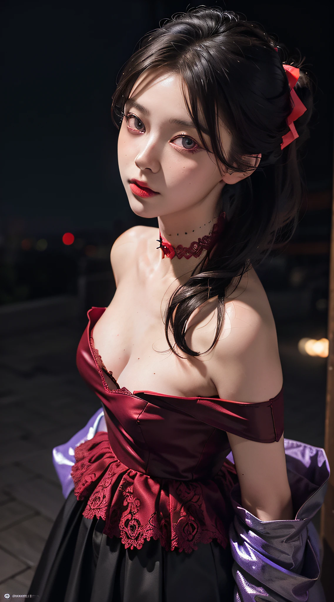 close up, (neon, night view, dutch angle, from above, strapless:1.3), masterpiece, best quality, raw photo, photorealistic, off shoulder, red lace dress, red choker, reddish purple eyes, updo, upper body, cleavage, facelight, shiny skin, film grain, chromatic aberration, absurdres, highres, ultra detailed, finely detail, detailed eyes and face, sharp pupils, realistic pupils, sharp focus