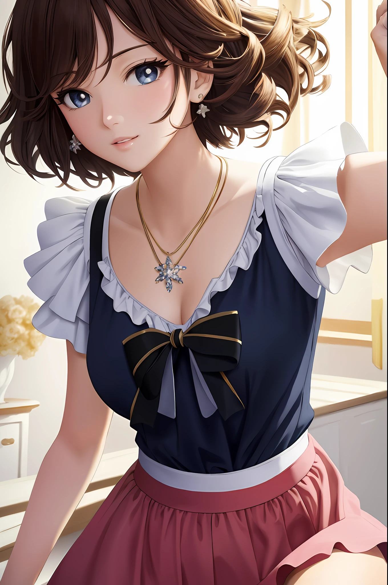 Illustration, anime style, (masterpiece, top quality, super detail, high resolution), perfect face, beautiful eyes, sidelights, shiny skin, (bloom), (shine), lighting, ray tracing, 1girl, solo, silva-colored short hair, black moisturized eyes, summer short sleeves, hair bow, pink skirt, bow, pink bow, lips, upper body, curly hair, chest, parted lips, jewelry, depth_ of_field, Very detailed background, Very detailed background, Masterpiece, Super detail, Great composition,Dynamic Angle,[Bottle Bottom],(Wide Shot), Very Delicate and Beautiful,(Best Quality), (Master Work), Depth of Field, Solo, Extreme Light and Shadow, Masterpiece, Detailed, (Fine Features), (Best Quality), (Masterpiece), (Detail), (Beautiful) Detail,Beautiful Detail Eye,(Straight On), Upper Body,(Very Detail CG Unity 8k wallpaper),(Masterpiece), (Best Quality), (Super Detail), (Best Illustration)(Best Shadow),Perfect Lighting,Perfect Anatomy