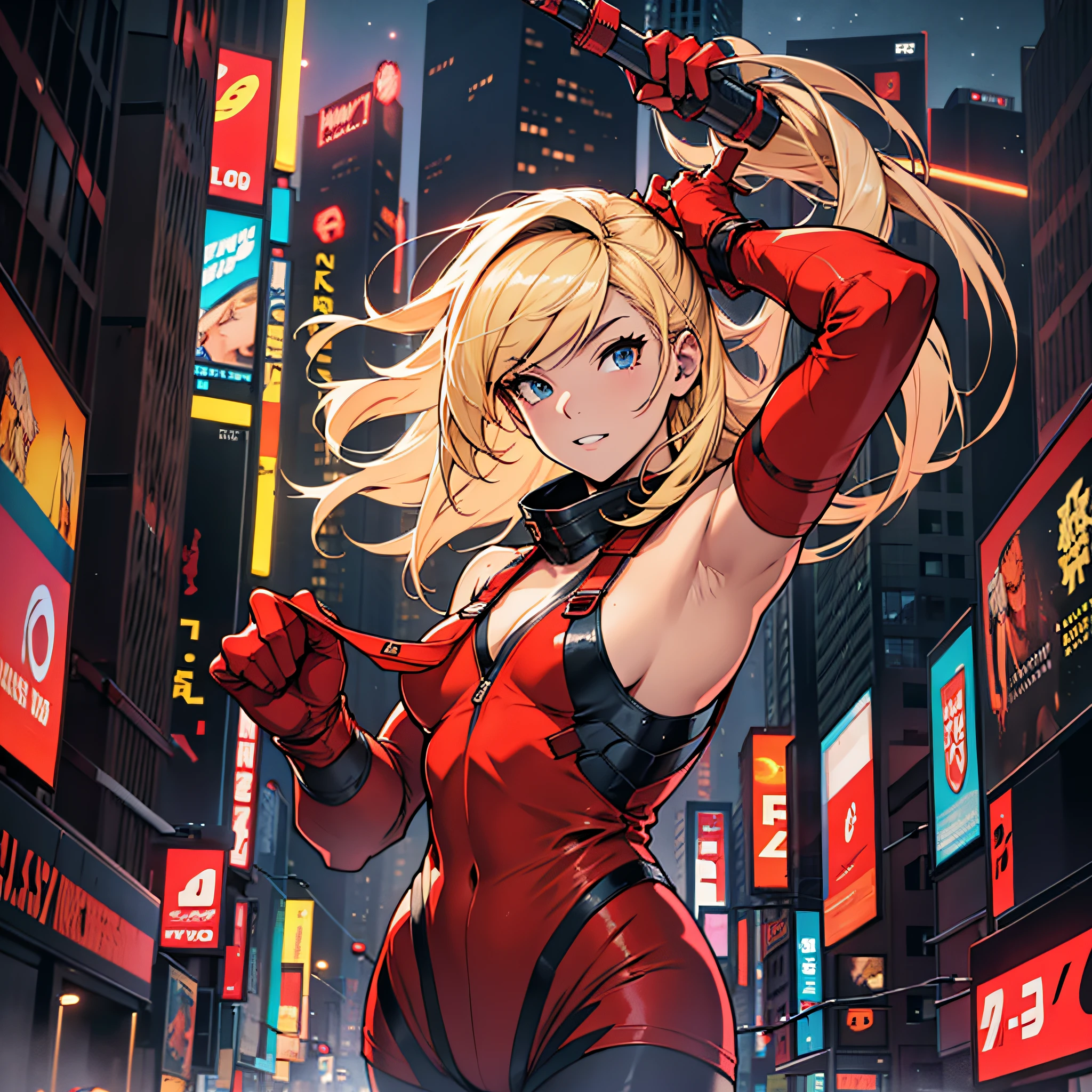 A blond girl in a revealing red ninja costume flies around New York at night. Top quality, masterpiece, ultra-high resolution --auto --s2