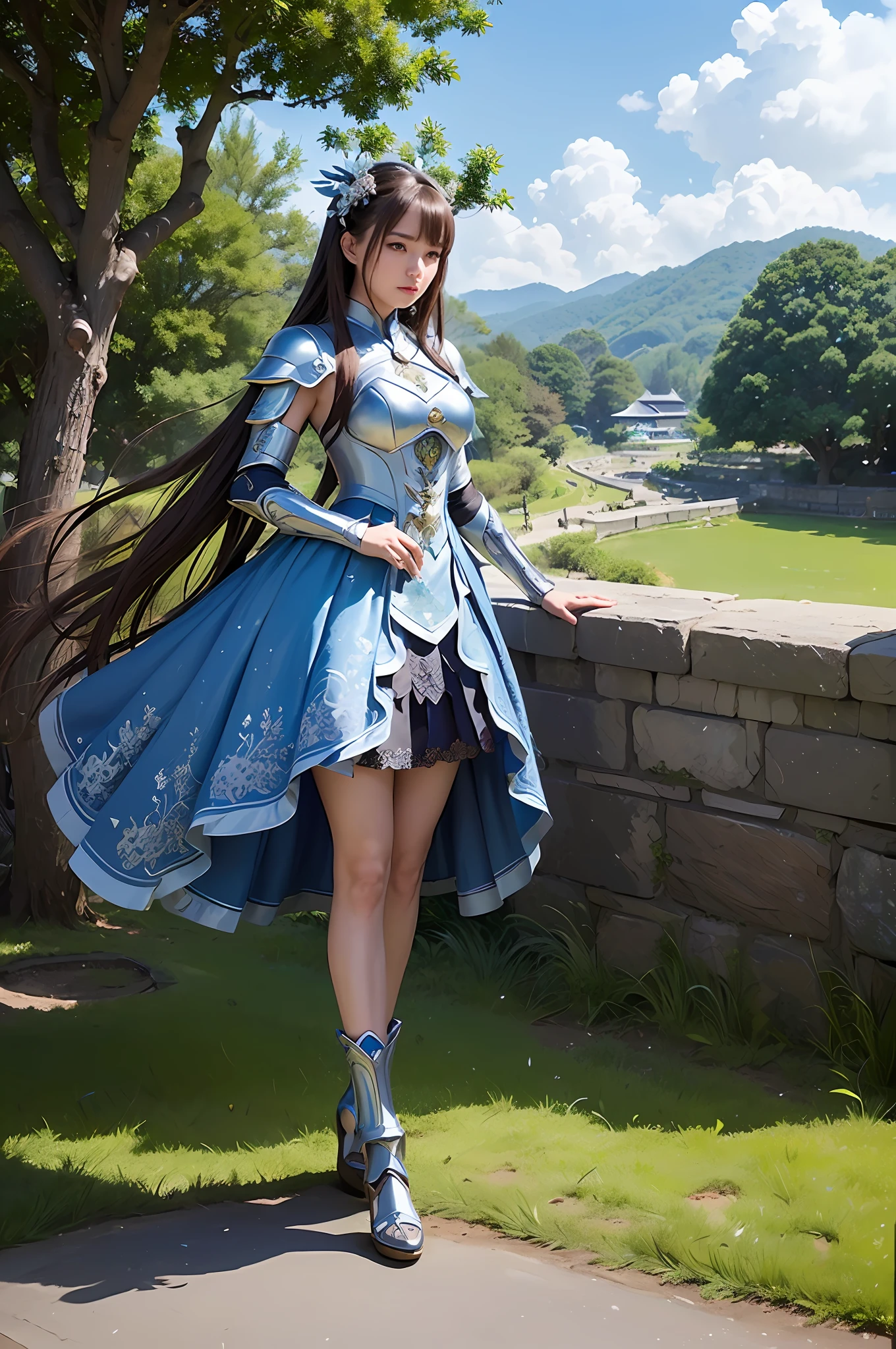 (Detailed and fantastic character art, featuring highly detailed art, Woman in silver and blue dress, by Cheng Wei Pan, Yang J, Beautiful Armor, 3D Art Works, Magnificent Digital Illustration, Fan Art Best Art Station,Light Expression, Clouds, Green, Brown Trees, Tree Trunks, Cultural Japan Garden, Armored Girl)