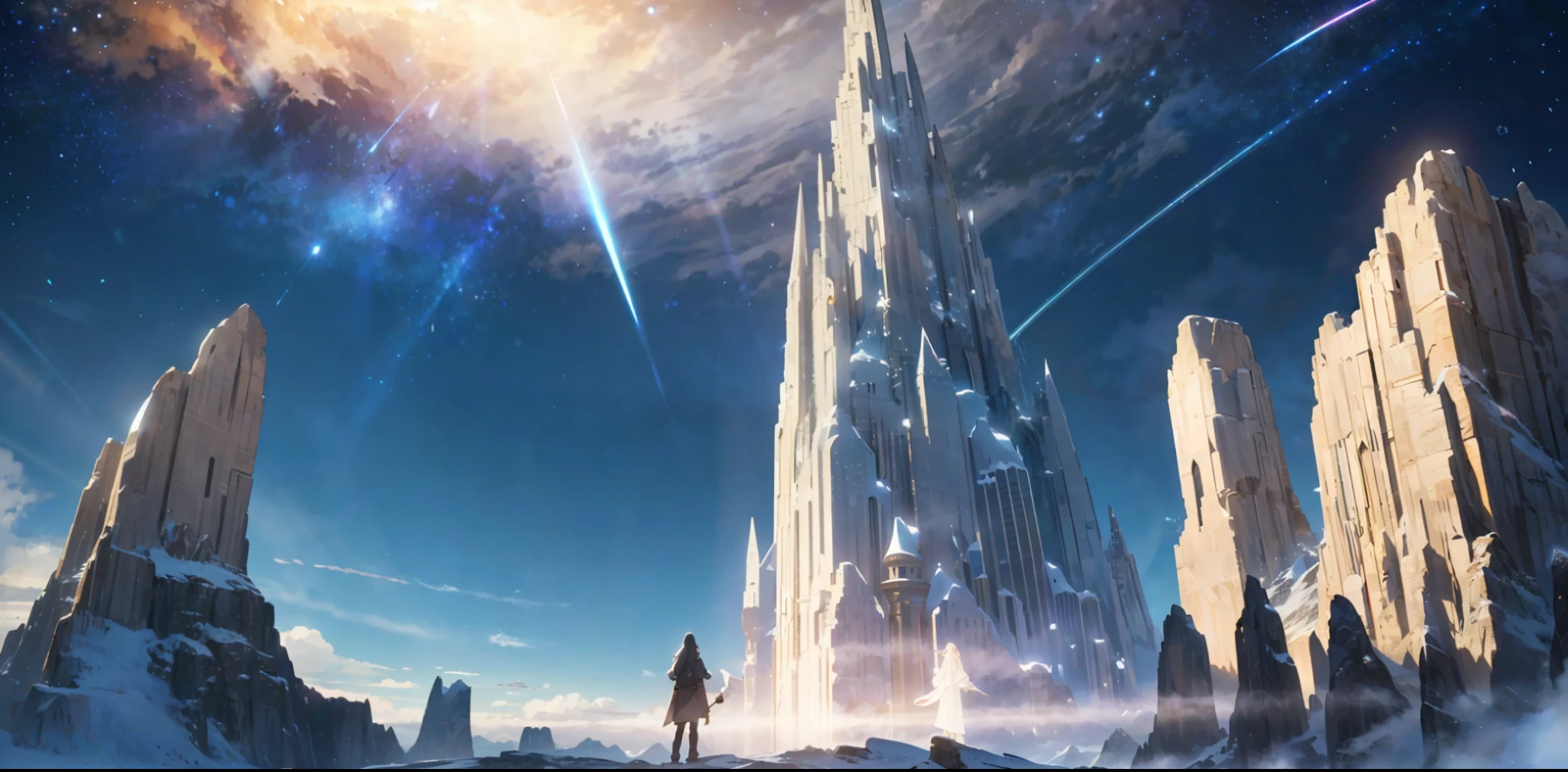 An awe-inspiring sight: standing at the pinnacle of a towering mountain, basking in the shimmering glow of a shining halo, gazing upon a vast kingdom below as stars twinkle like diamonds in the starry sky,(extremely detailed CG unity 8k wallpaper,masterpiece, best quality, ultra-detailed),(best illumination, best shadow, an extremely delicate and beautiful)