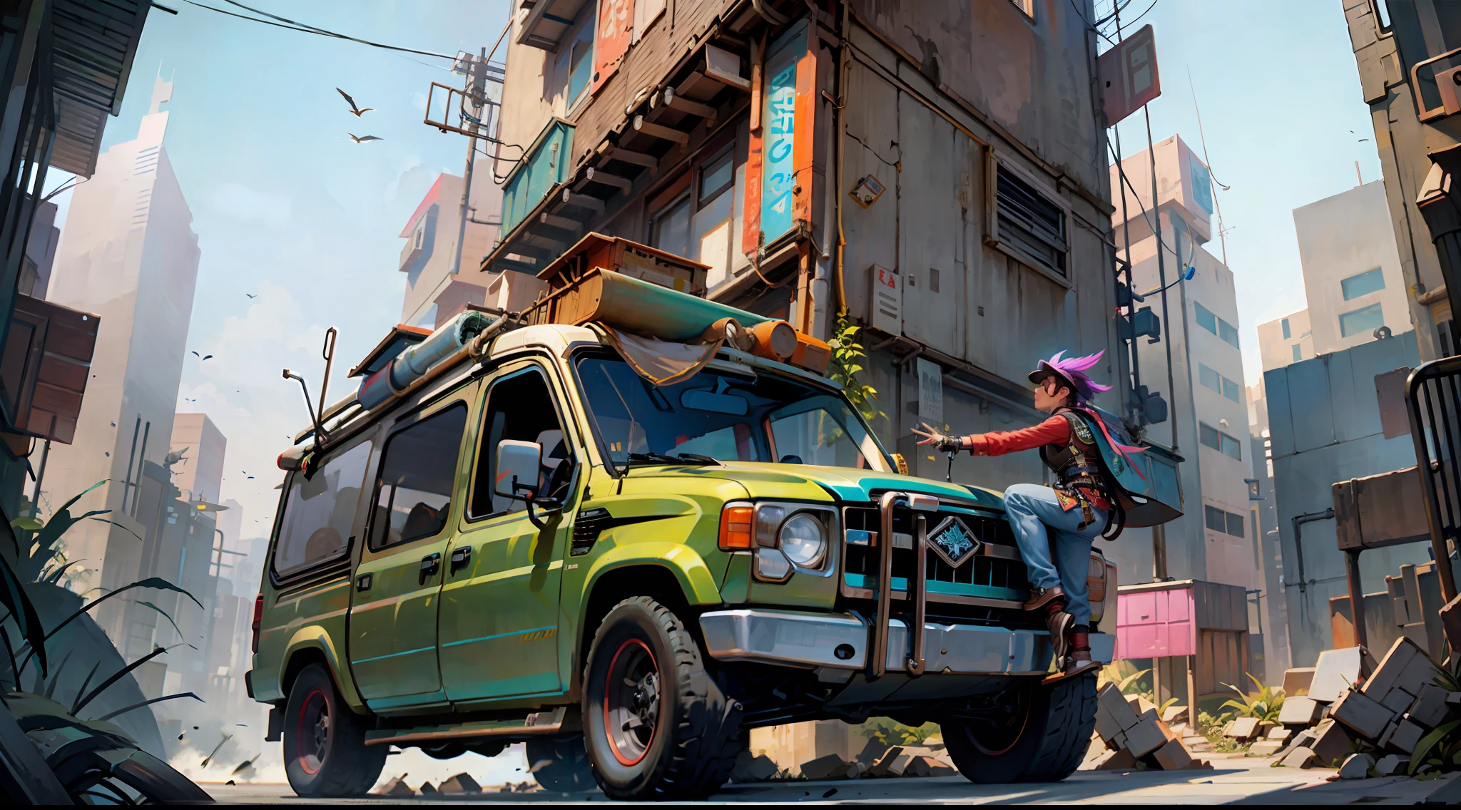 A mechanical parrot destroys a city, cyberpunk, no one