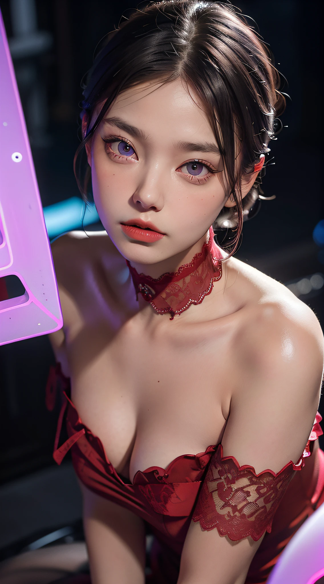 close up, (neon, night view, dutch angle, from above, strapless:1.3), masterpiece, best quality, raw photo, photorealistic, off shoulder, red lace dress, red choker, reddish purple eyes, updo, upper body, cleavage, facelight, shiny skin, film grain, chromatic aberration, absurdres, highres, ultra detailed, finely detail, detailed eyes and face, sharp pupils, realistic pupils, sharp focus