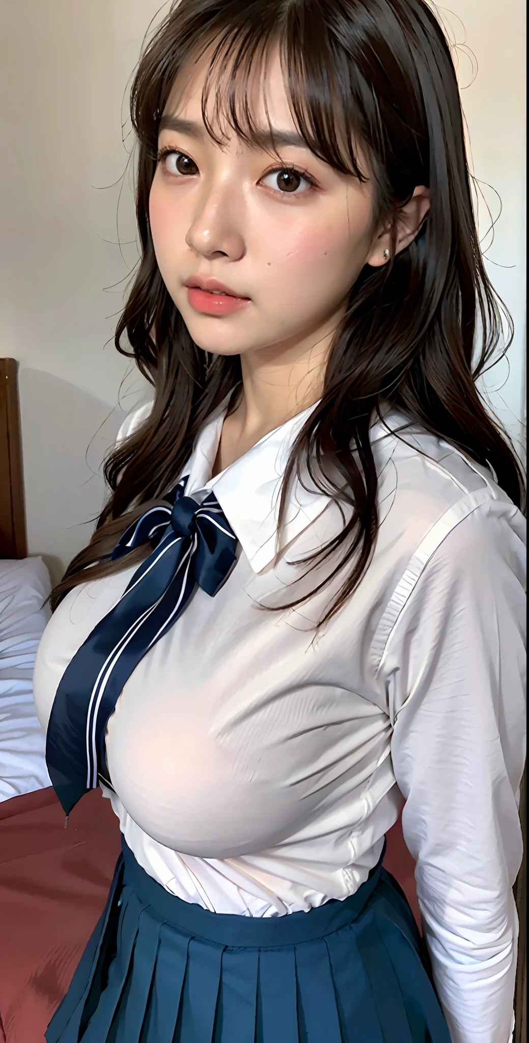 ulzzang-6500-v1.1, (Raw photo:1.2), (Photorealistic:1.4), Beautiful detailed girl, Very detailed eyes and face, Beautiful detailed eyes, Huge file size, (Big), High Resolution, Very detailed, Best quality, [Masterpiece:1.6], [JK Uniform], Illustration, Very detailed, CG, Fine detail, Best quality, Highly detailed CG uniform 8k wallpaper, movie lighting, 1 girl, 17 years old, (without bra), cute Japan high school girl, perfect figure, [unbuttoned white school blouse], big taut breasts, [big: 1.6], cute droopy eyes, beautiful big eyes, white school blouse, [no jacket], sweaty and wet, [sexual arousal: 1.4], on bed, Sleeping on your back, hands raised, (ribbon on school uniform)