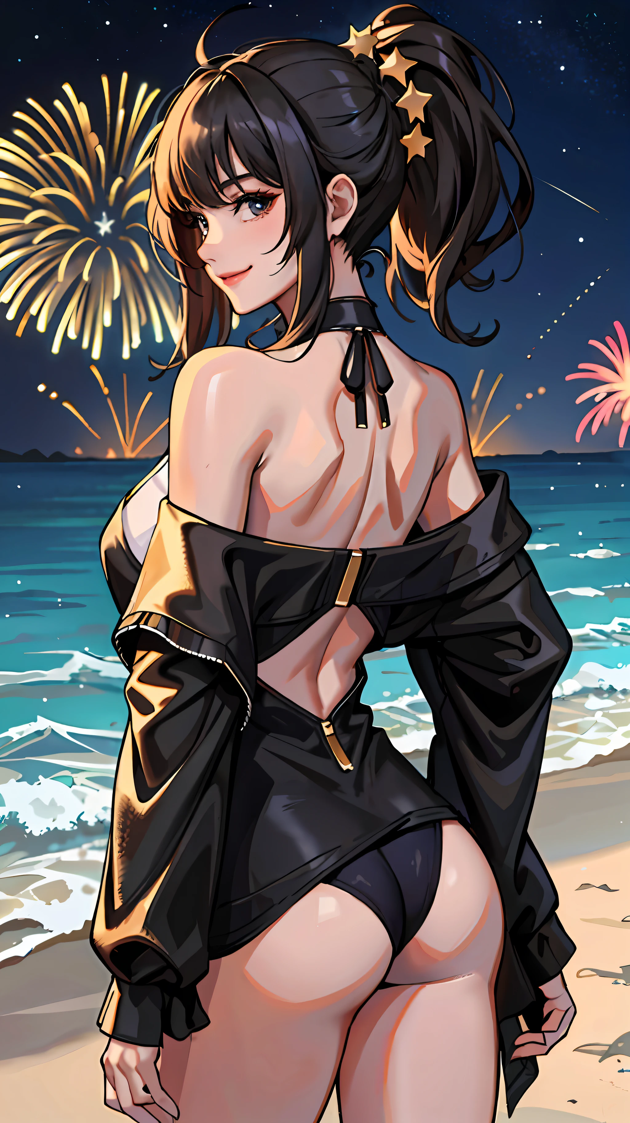 (Masterpiece: 1.2, Best Quality), (1 Lady, Solo, Upper Body: 1.2), Hair: Black Medium Hair, Clothing: Nude, T-back, Hanging Out on the Beach, Fireworks Display, Smile, Night, Starry Sky, Highlight Ass