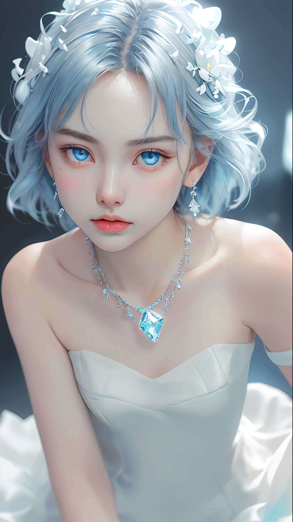 masterpiece, best quality, illustration, sax blue, platinum earrings, platinum necklace, white dress, 1girl, cute, (dynamic lighting:1.2), cinematic lighting, delicate facial features, detailed eyes, sharp pupils, realistic pupils, depth of field, bokeh, sharp focus, (hyper-detailed, bloom, glow:1.4), many small gems