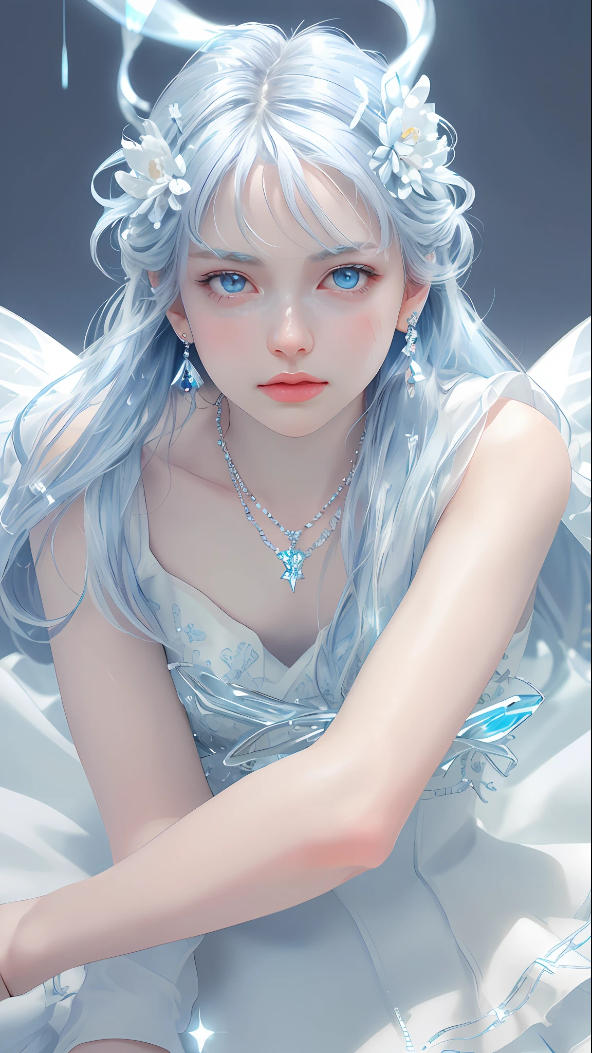 masterpiece, best quality, illustration, sax blue, platinum earrings, platinum necklace, white dress, 1girl, cute, (dynamic lighting:1.2), cinematic lighting, delicate facial features, detailed eyes, sharp pupils, realistic pupils, depth of field, bokeh, sharp focus, (hyper-detailed, bloom, glow:1.4), many small gems