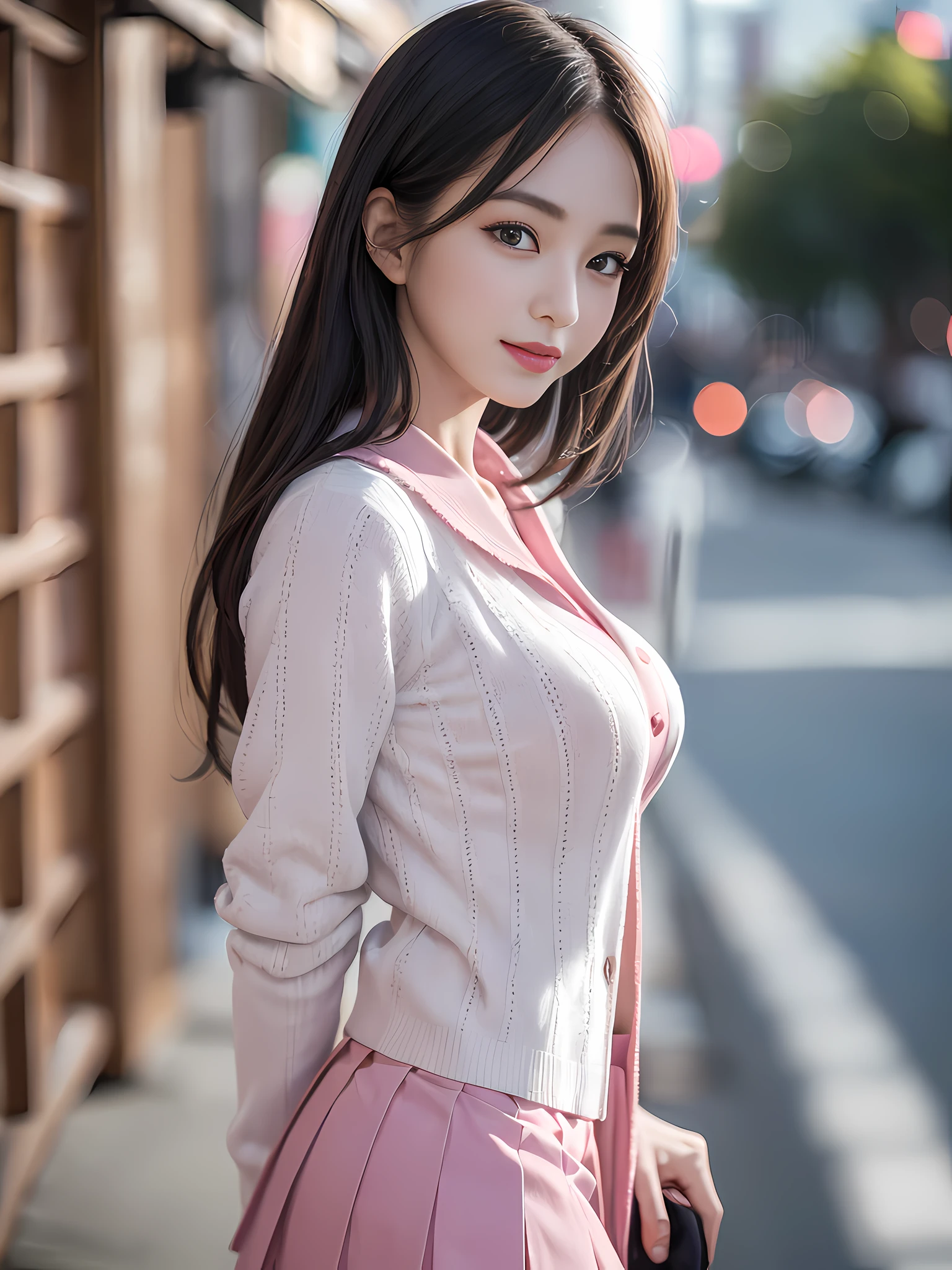 ((Best Quality, 8K, Masterpiece: 1.3)), Super Cute Beautiful Woman, 1 Girl, (Beautiful Breasts:1.3), (Abs, Slender Figure: 1.1), Sharp Focus, (((Intricate Details)), High Detail, Upper Body, One Girl, Black Straight Hair with bangs, Japan Schoolgirl Uniform, White sailor clothes, pink cardigan, navy Pleats Skirt, knee-length skirt, 8K, 8K Resolution, clean detailed face, Detailed Body, Detailed Clothes, Sharp Images, Japan Anime Concept Art, trending on Pixiv, looking the viewer, facing the viewer, seductive model pose, seductive smile, pink lipstick, bokeh, field of depth, 8 life size, 8k resolution, upper body image, shot on EOS 5D Mark IV, 35mm lens, f1.8, from side,