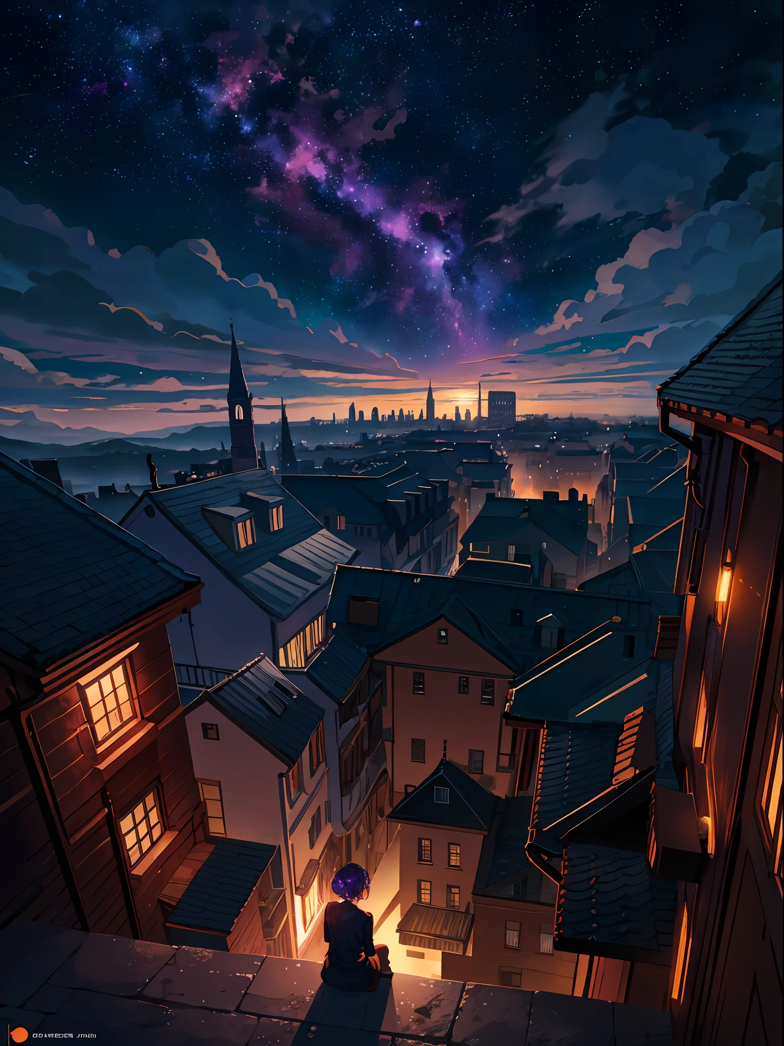 expansive landscape photograph ,(view from the hill with night views of buildings above and below), Girl sitting on a stone looking at a building,Silhouette looking backward,( shooting stars:0.9), (nebula:1.3), tree BREAK
production art, (warm light source:1.2),lot of purple and orange, intricate details, volumetric lighting, realism BREAK
(masterpiece:1.2), (best quality), 4k, ultra-detailed, (dynamic composition:1.4), highly detailed, colorful details,( iridescent colors:1.2), (glowing lighting, atmospheric lighting), dreamy, magical, (solo:1.2)