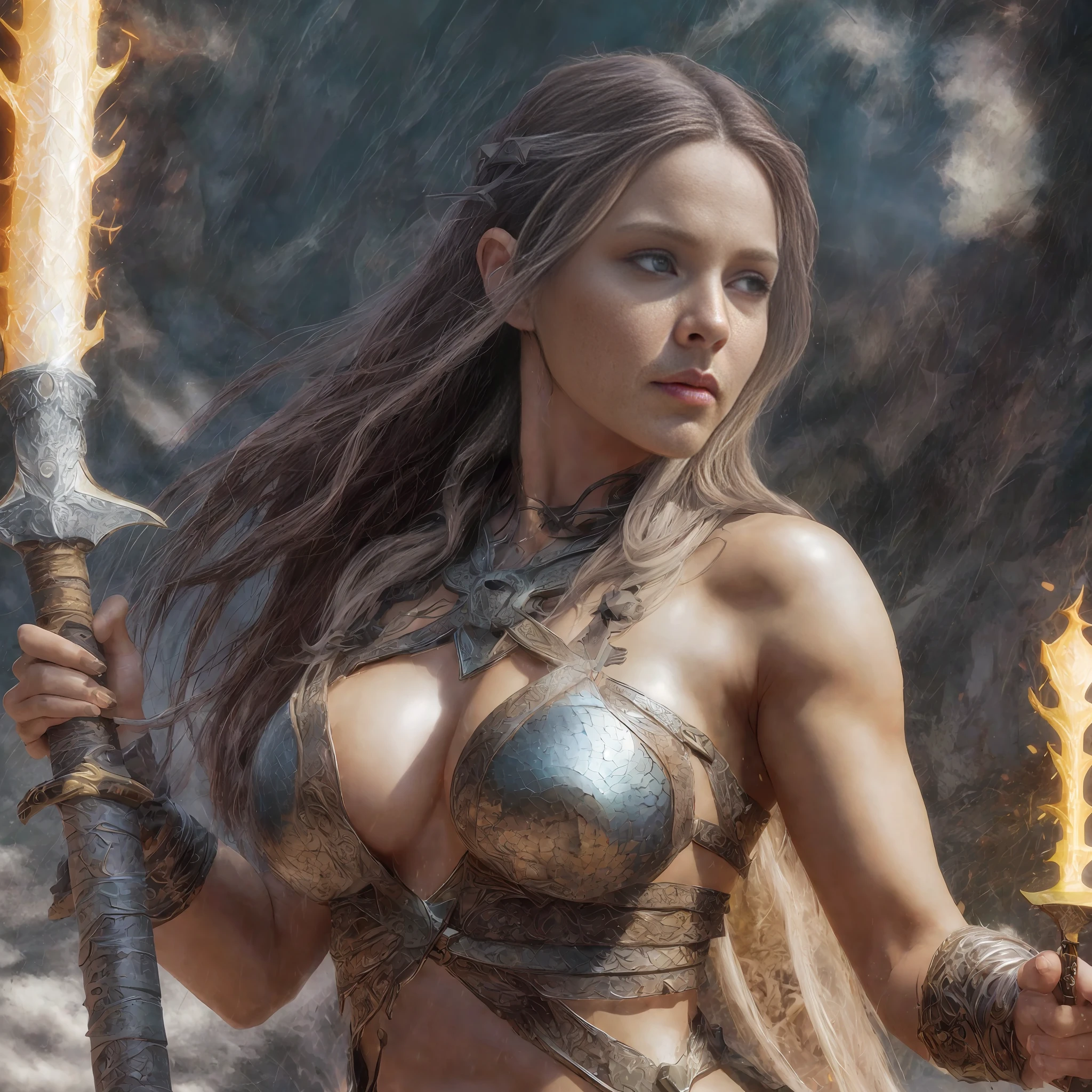 arafed woman in a bikini holding a sword and a sword, 4k fantasy art, karol bak uhd, 4 k detail fantasy, 8k fantasy art, beautiful female warrior, warrior girl, 3 d render character art 8 k, epic fantasy digital art style, barbarian warrior woman, epic fantasy art style hd, she is holding a sword, fantasy warrior