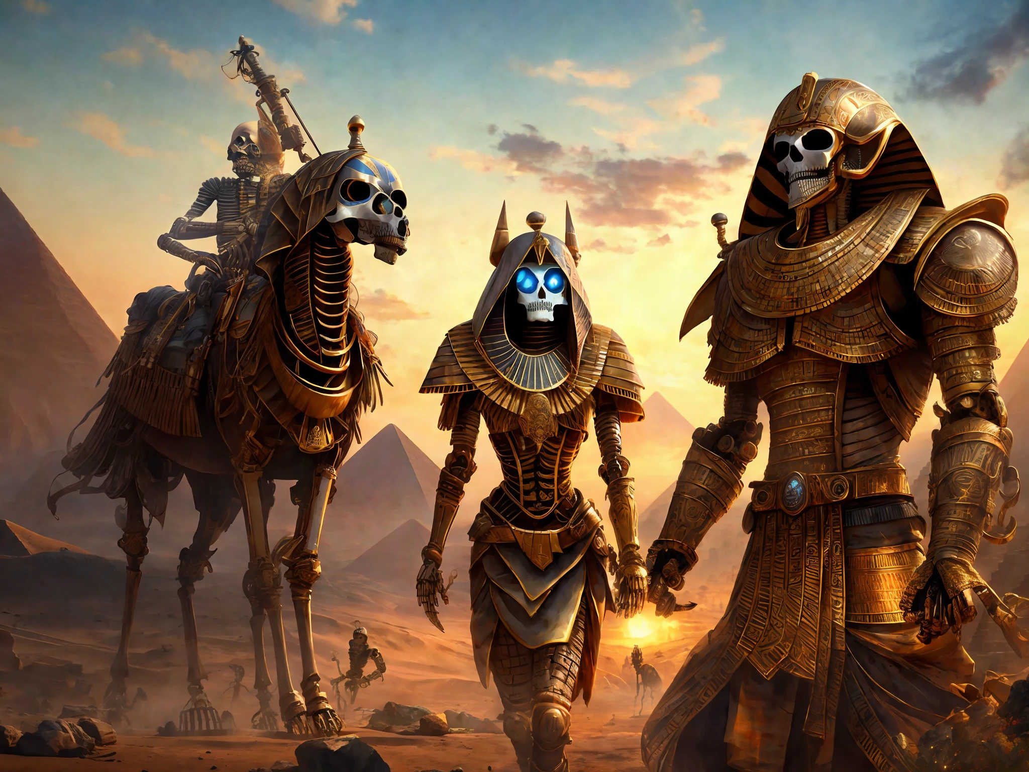(very detailed 8k wallpaper), Egypt, skeletons, robot magic, intricate, high detail, dramatic, best quality masterpiece, realistic, detailed, 8k,