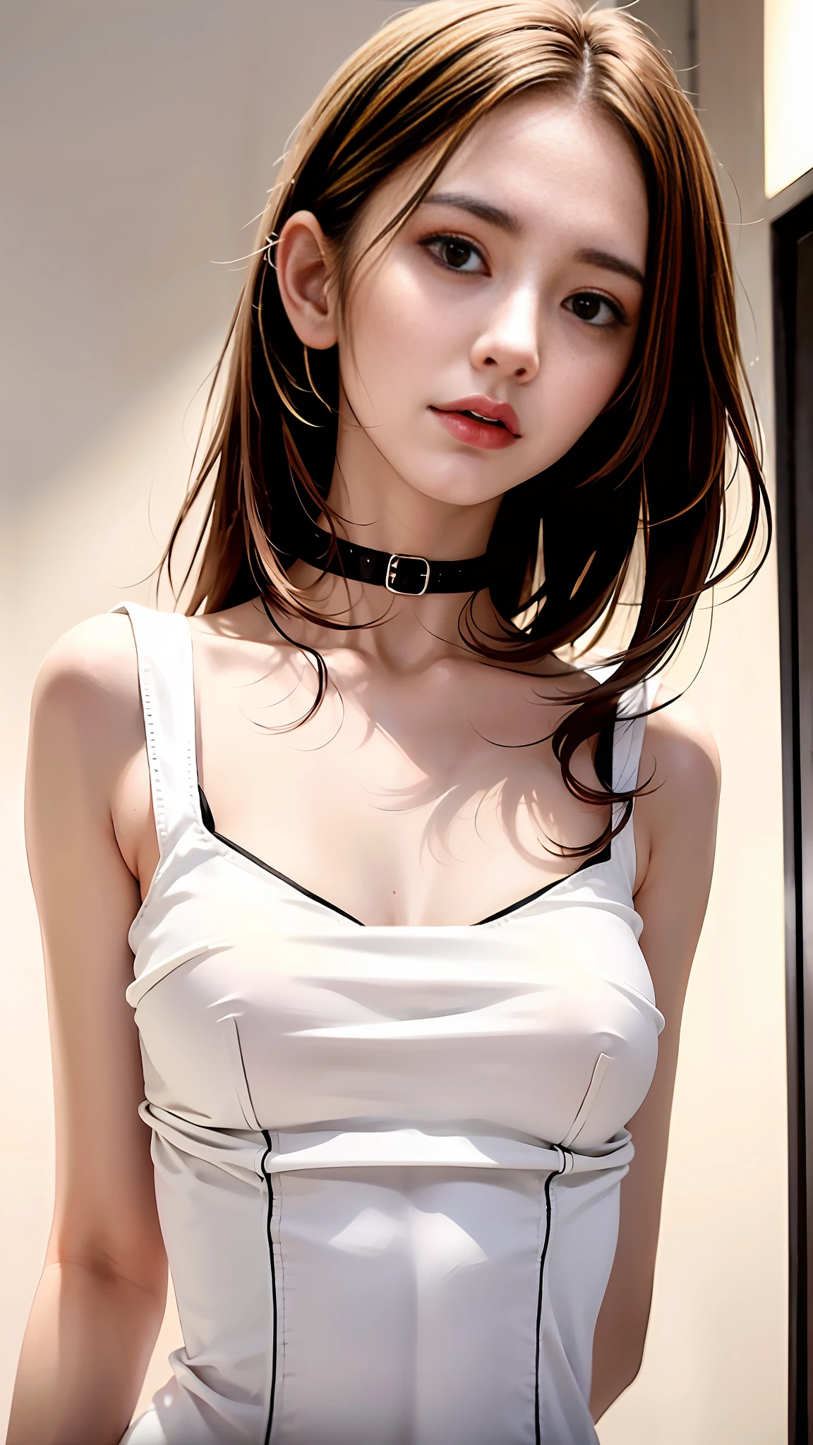 One girl, solo, most beautiful photo, complex, high detail, sharp focusing, dramatic, {{{{{photo}}}},
short torso, {{{very long legs}}}, {{{very thin waist}}}, {{{very small waist}}}, {{very large breasts}},
{{{Different Clavicles}}},
{{{White skin}}}, {{{Light brown hair}}},
{{{{{Tiny head}}},{{30 years old}}, waistshot, {{{Emotionless face}, {{{Viewers}, {Chest Height View}}}, {White Tube Micro Mini Dress}, {{{Body Conscious Dress}, {Sleeveless dress with cleavage fully exposed and neckline plummeted}}}, Elongated white choker
