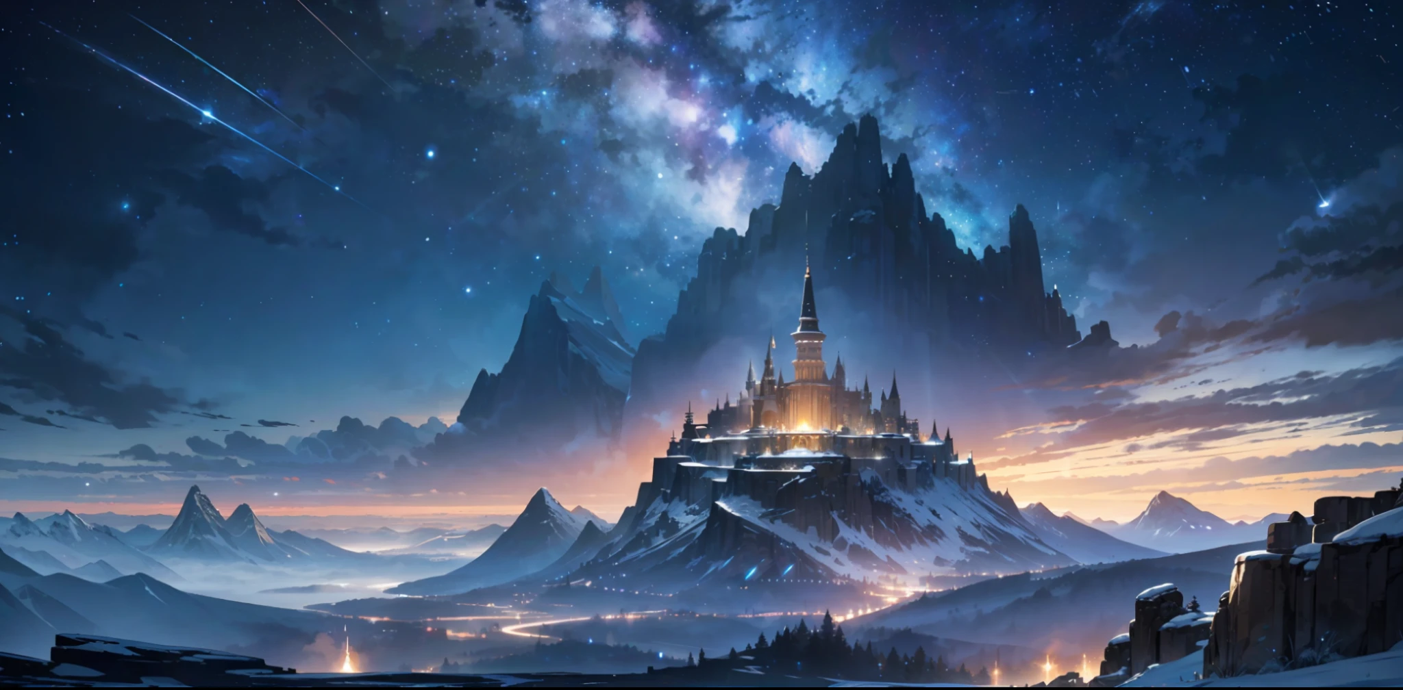 (A stunningly detailed and breathtaking CG masterpiece with unparalleled quality, boasting exceptional lighting effects and meticulous attention to detail.),,starry sky, stars in the background, shining halo,standing atop a mountaintop, overlooking a vast kingdom