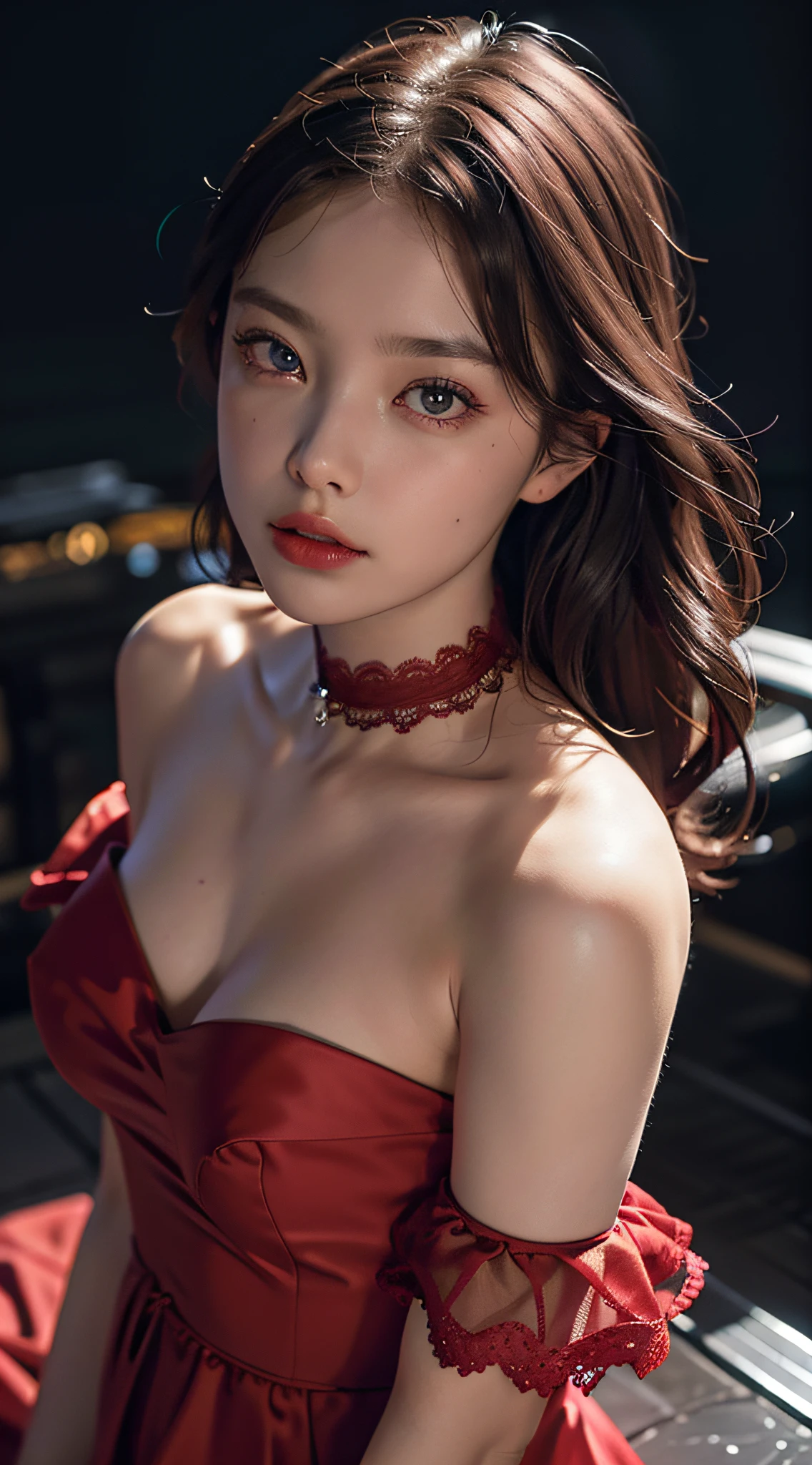Close-up, (neon, night view, Dutch angle, from above, strapless: 1.3), masterpiece, top quality, raw photo, photorealistic, off-shoulder, red lace dress, red choker, reddish-purple eyes, up, upper body, cleavage, face light, shiny skin, film grain, chromatic aberration, absurdity, high resolution, ultra detail, detail, detailed eyes and face, Sharp pupil, realistic pupil, sharp focus, full body, pose to take photo