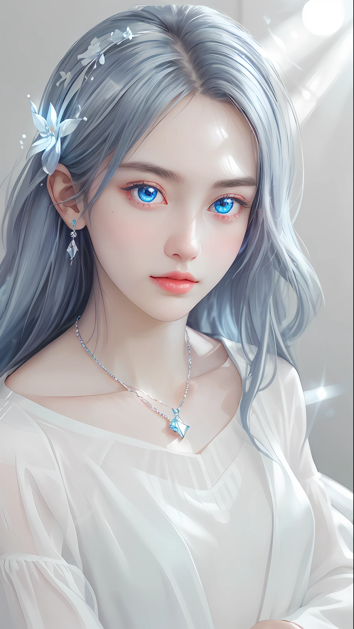 masterpiece, best quality, illustration, sax blue, platinum earrings, platinum necklace, white dress, 1girl, cute, (dynamic lighting:1.2), cinematic lighting, delicate facial features, detailed eyes, sharp pupils, realistic pupils, depth of field, bokeh, sharp focus, (hyper-detailed, bloom, glow:1.4), many small gems