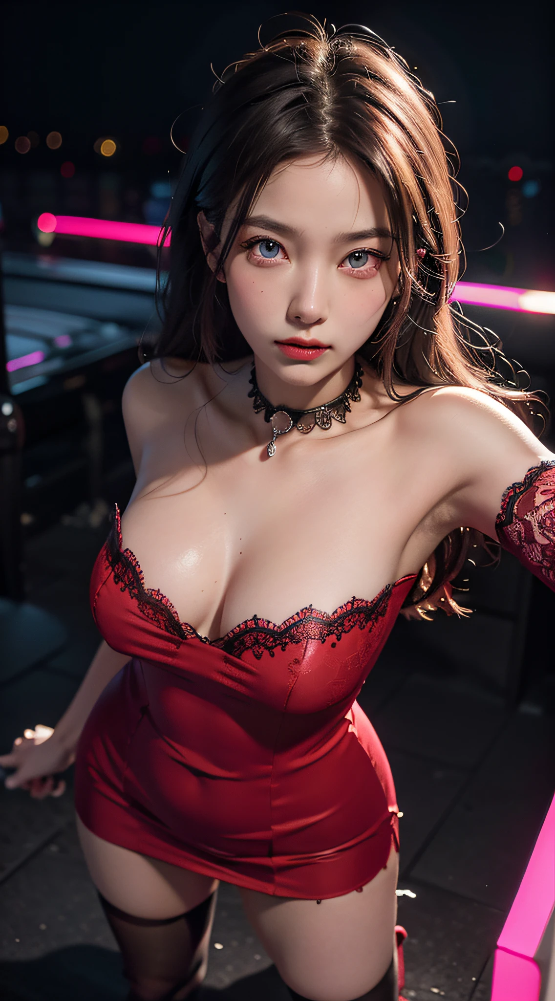 Close-up, (neon, night view, Dutch angle, from above, strapless: 1.3), masterpiece, top quality, raw photo, photorealistic, off-shoulder, red lace dress, red choker, reddish-purple eyes, up, upper body, cleavage, face light, shiny skin, film grain, chromatic aberration, absurdity, high resolution, ultra detail, detail, detailed eyes and face, Sharp pupil, realistic pupil, sharp focus, full body, pose to take photo