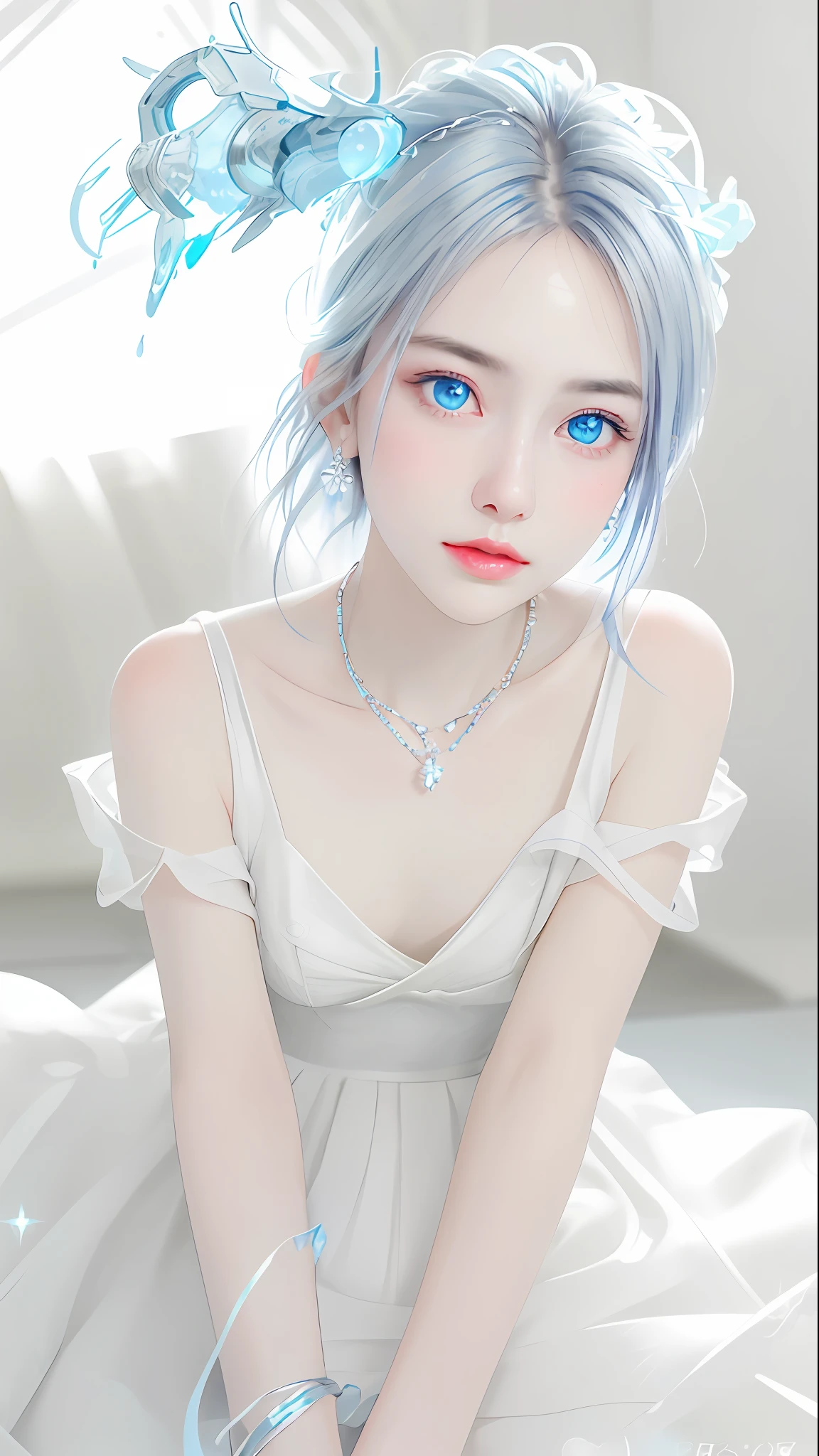 masterpiece, best quality, illustration, sax blue, platinum earrings, platinum necklace, white dress, 1girl, cute, (dynamic lighting:1.2), cinematic lighting, delicate facial features, detailed eyes, sharp pupils, realistic pupils, depth of field, bokeh, sharp focus, (hyper-detailed, bloom, glow:1.4), many small gems