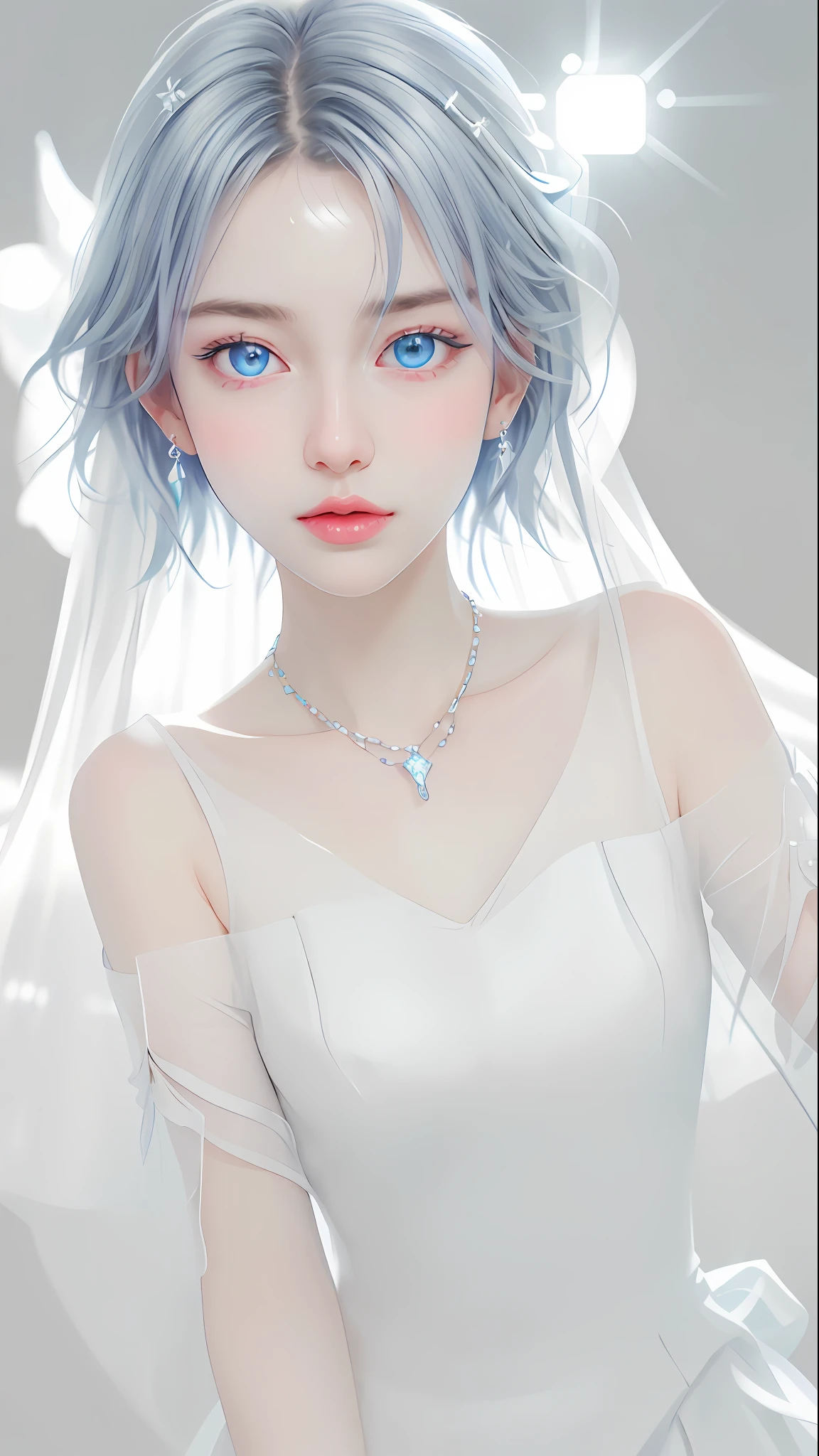masterpiece, best quality, illustration, sax blue, platinum earrings, platinum necklace, white dress, 1girl, cute, (dynamic lighting:1.2), cinematic lighting, delicate facial features, detailed eyes, sharp pupils, realistic pupils, depth of field, bokeh, sharp focus, (hyper-detailed, bloom, glow:1.4), many small gems