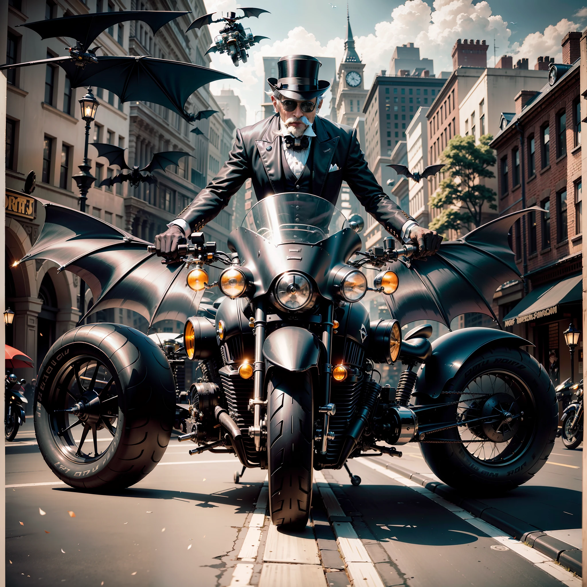 Bats motorcycle, jet engine, flyable, wheel-shaped jet hover mechanism, old gentleman with top hat and tuxedo mustache, facing front, black gloves and sunglasses, motorcycle with a large backrest like an antique chair, 4 jet verniers in the back, night city background, cyber machine, top hat,