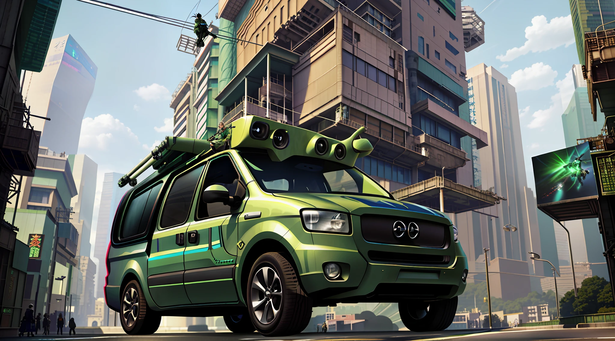 there is a man riding a green vehicle in a city, anime art vehicle concept art, urban concept art, adventure hyper realistic render, akihiko yoshida. unreal engine, photorealistic concept art, akira cgi movie stills, 3 d render beeple, highly realistic concept art, photorrealistic concept art, cinematic cgsociety, 3 d epic illustrations