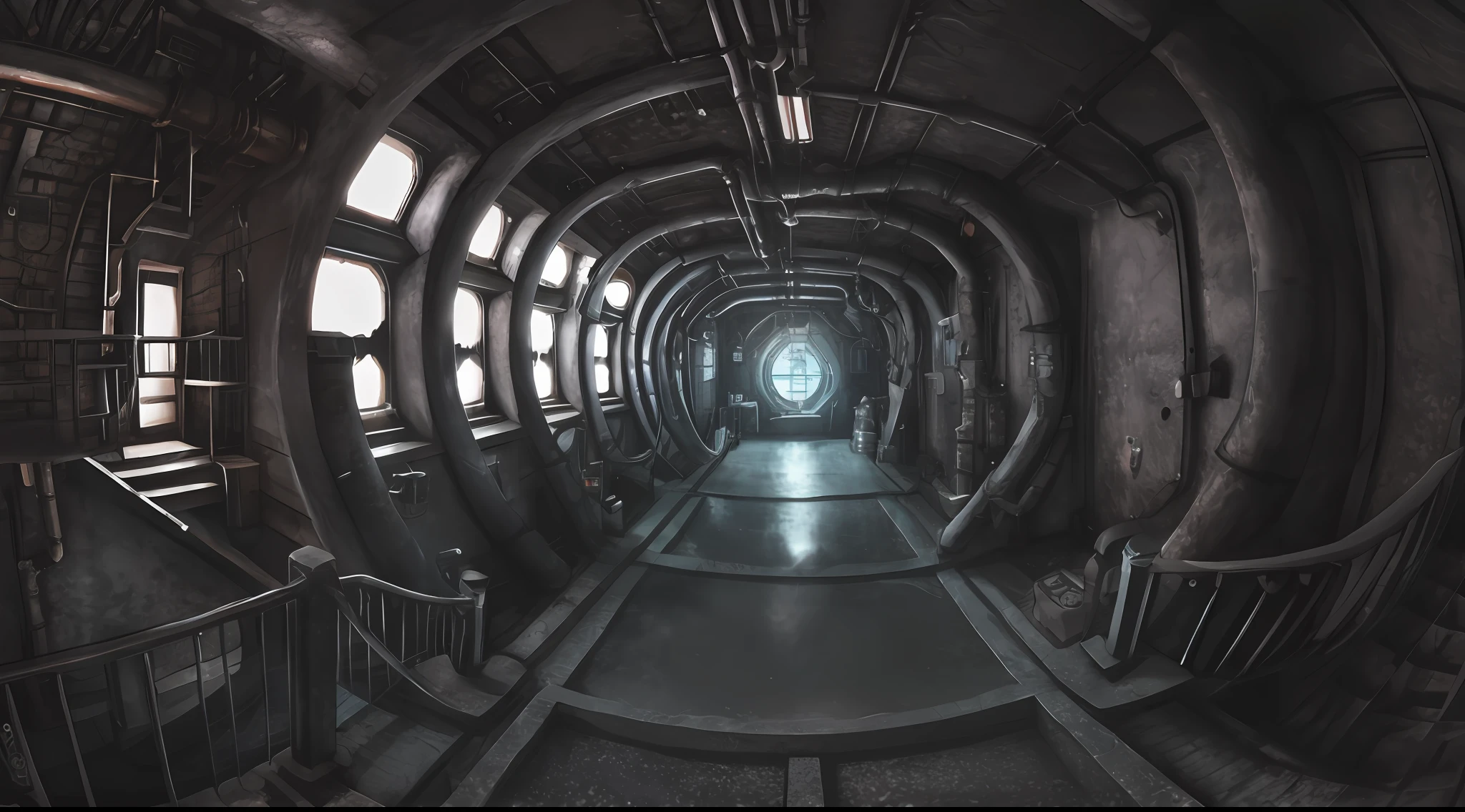 factory, labyrinthine passage, dim, staircase, fisheye style, sci-fi style, tank, pipe, metal