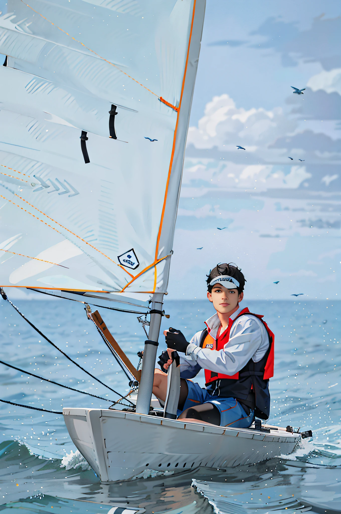 1boy,solo,dsmile,outdoors,White cloud,The sky is full of white clouds,There are birds in the distance,blue_sky,water,ocean,White sail,watercraft,boat,male focus,short hair,snug,black hair,sitting,visor_cap,jacket,vest,long sleeves,gloves,hat,shorts,pants,fingerless gloves,black gloves,Navy blue leggings,blue shorts,