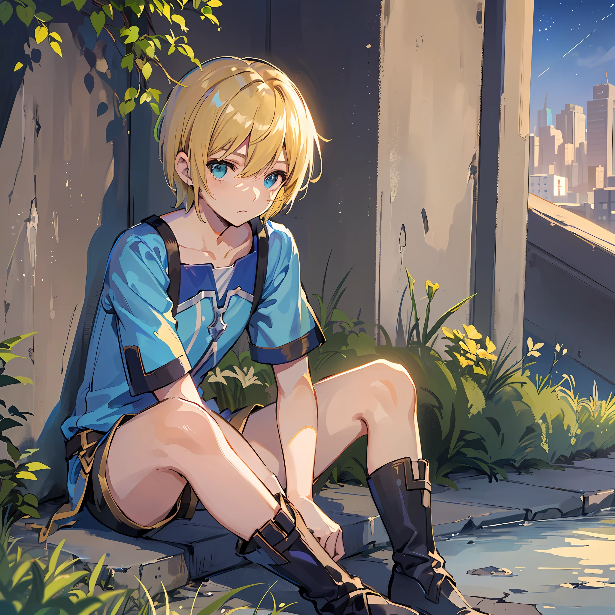 Top Quality,Boy, (((Eugeo)))), (((Flaxen hair)))), Sword Art Online, ((((Very short hair))))), Short Sidetail, ((Facing to the Side)), ((Looking Far Away)), , Sitting, Solo, Green Eyes, Blue T-Shirt, Shorts, Full Body, Outdoor, City,