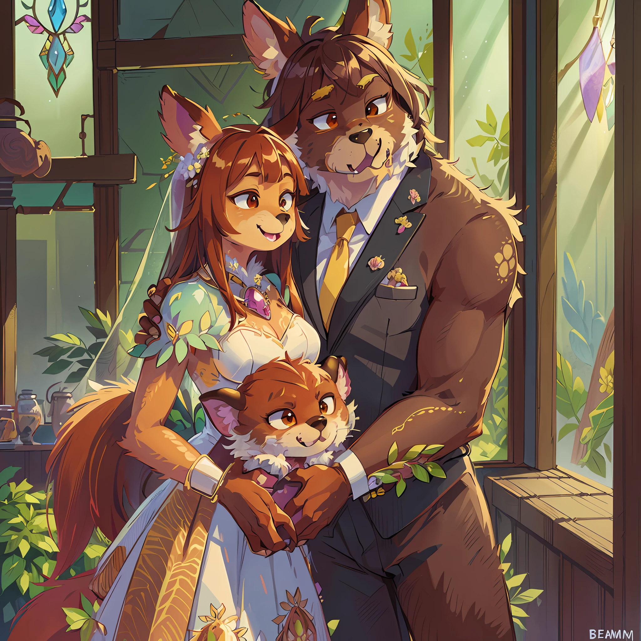 Highest quality, ultra-fine illustrations (association, colorful stained glass with shimmering light, wedding aisles lined with jewel-like lamps) (very detailed beautiful face and eyes)perfect anatomy ((((Beastman, Beastwoman)))) (furry husband in tuxedo, furry wife in wedding dress, husband hugging his wife from behind, furry in pastor's clothes holding a clear book in his hands, wedding photo, Bouquet of beautiful flowers) (furry anthro:1.7) ((((furry body, animal facial features, animal body features))) (((animal muzzle highly detailed fur)))) full body, smile (dynamic pose),