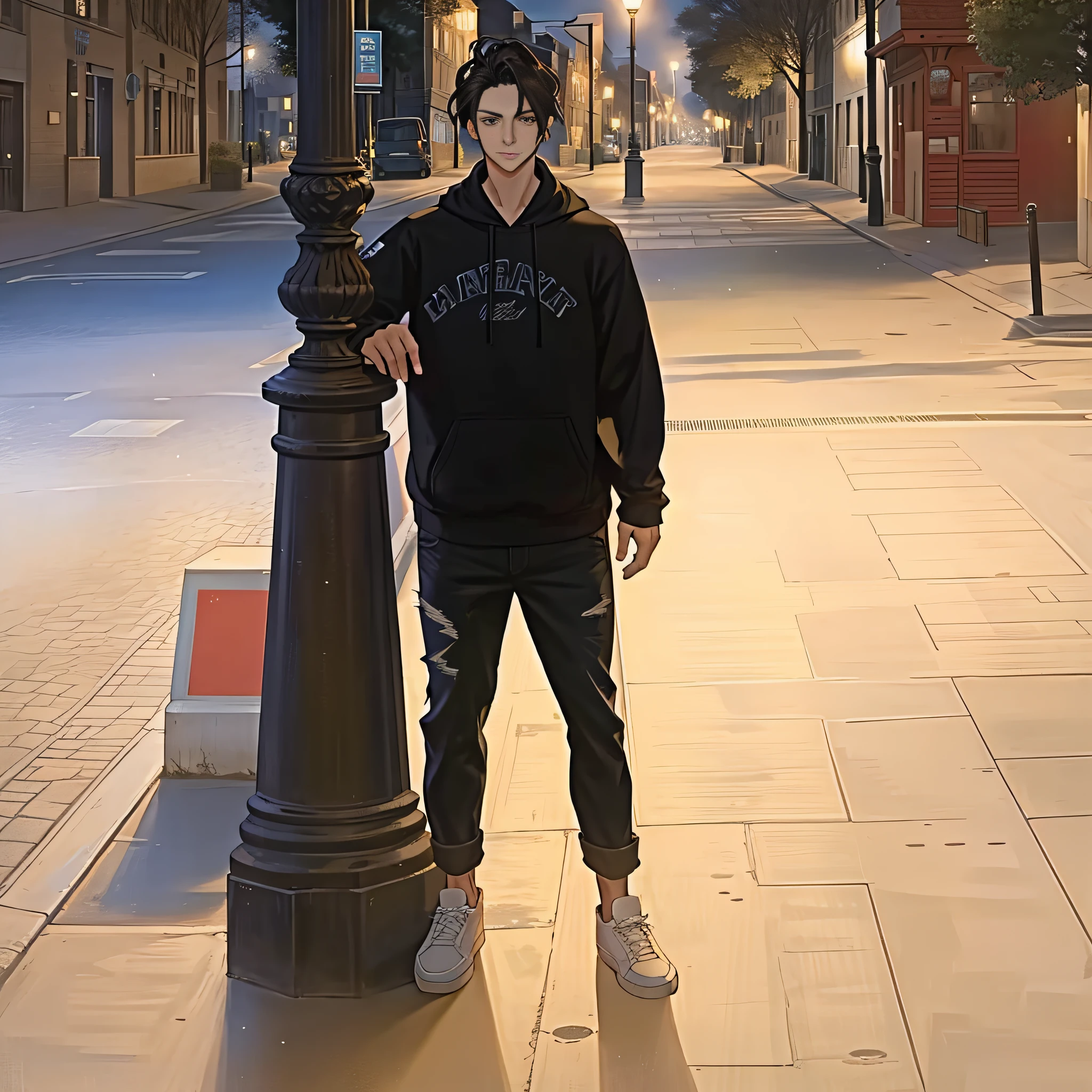 there is a man standing next to a lamppost on a city street, looking at the viewer, in anime style, head like from an anime cartoon, hair like in anime, dark hair, eyes drawn in detail, hair standing in the center of the city in detail,
