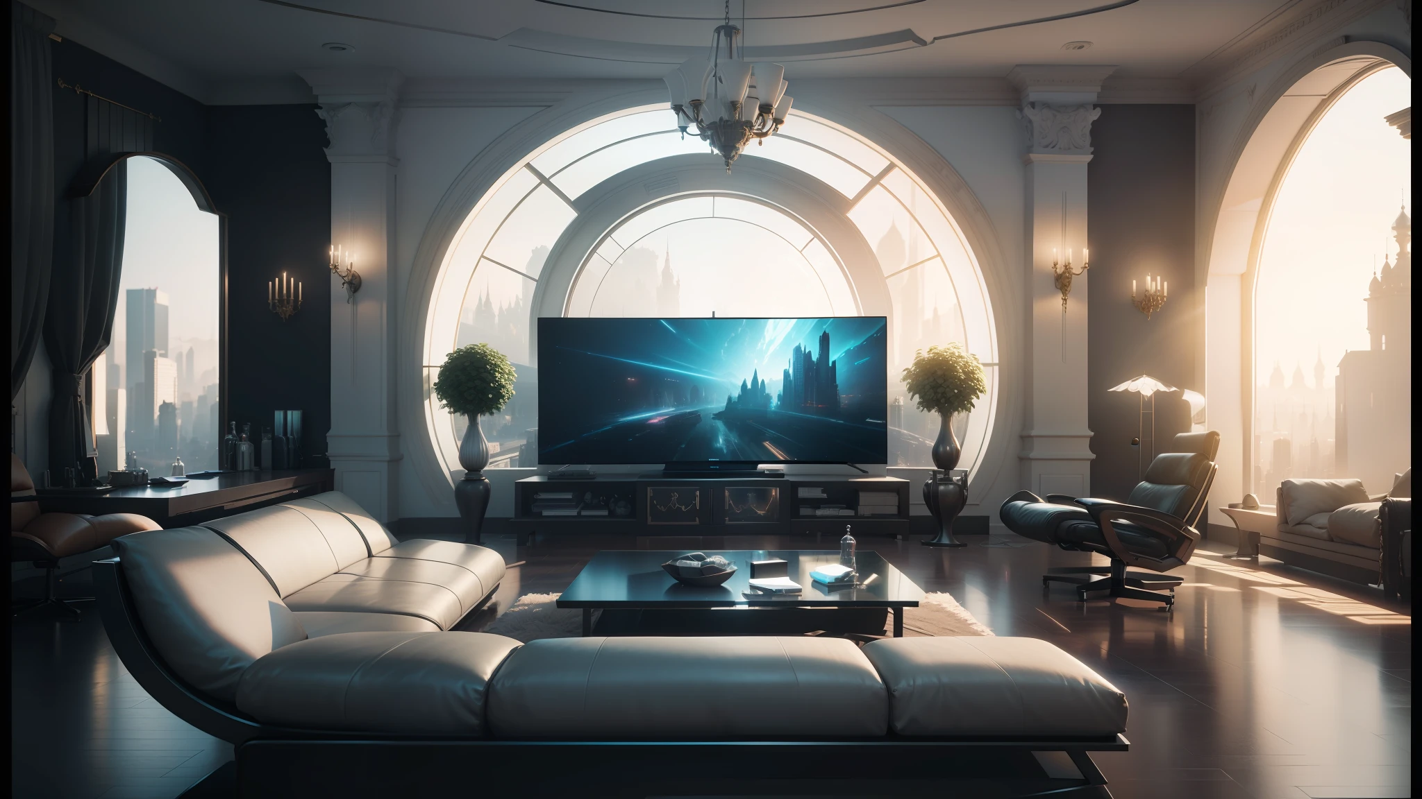 there is a large living room with a large tv on the wall, stunning sci-fi concept art, unsplash 4k, anamorphic lens flares 4k, futuristic palace, inspired by Stephan Martiniere, 8 k h 5 7 6, houzz, inspired by Fyodor Alekseyev, cgsociety 9, highly detailed-h 704, gorgeous 3d render --auto --s2