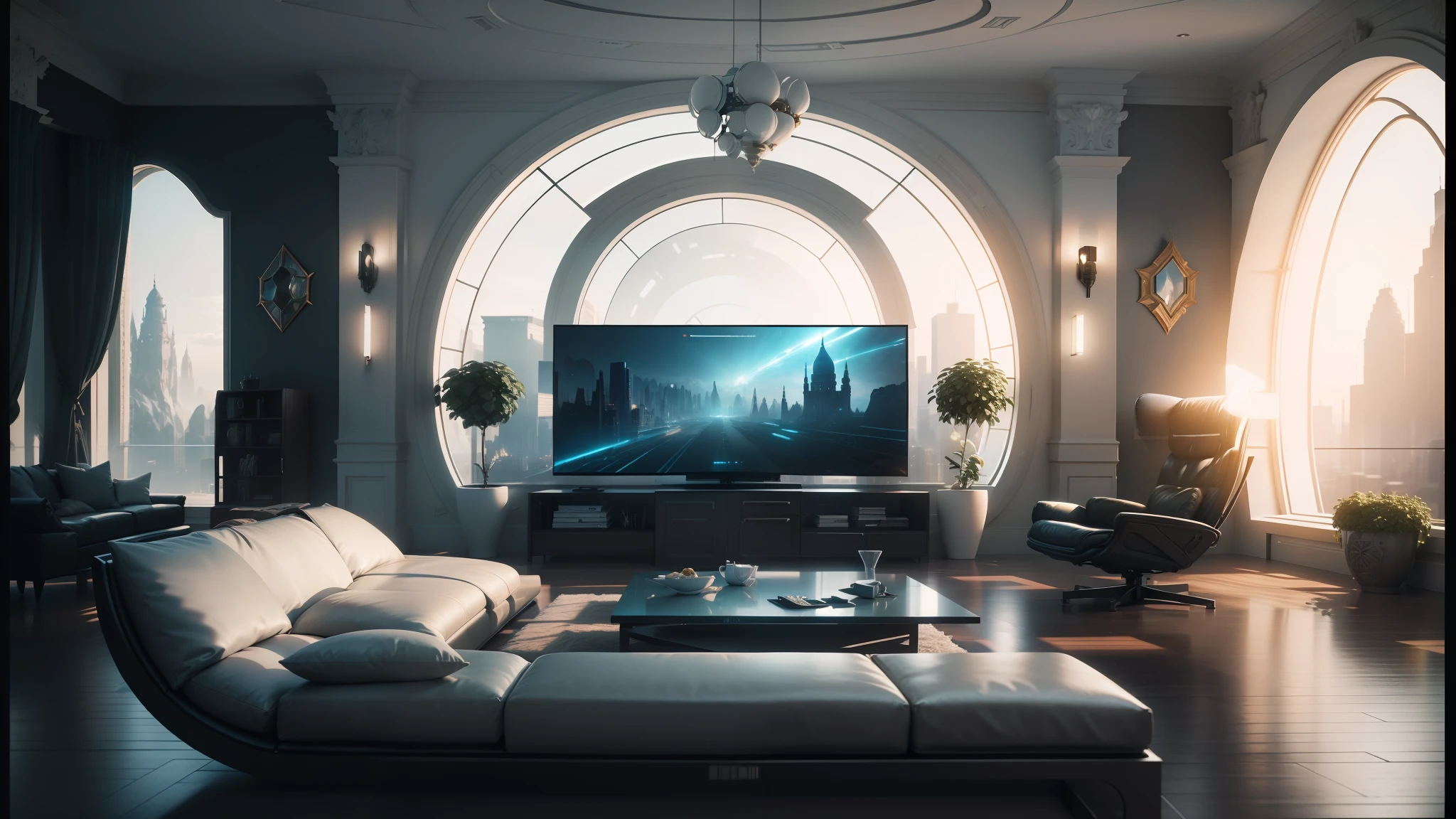 there is a large living room with a large tv on the wall, stunning sci-fi concept art, unsplash 4k, anamorphic lens flares 4k, futuristic palace, inspired by Stephan Martiniere, 8 k h 5 7 6, houzz, inspired by Fyodor Alekseyev, cgsociety 9, highly detailed-h 704, gorgeous 3d render --auto --s2