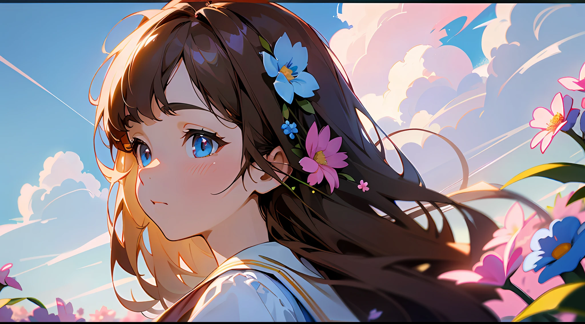 Bust, upper body, vista, panorama, perspective, depth of field, cinematic angle, masterpiece, best quality, super detailed, CG, 8K wallpaper, pretty face, delicate eyes, a girl, solo, head up, brown hair, long hair, school uniform, short sleeves, white shirt, outdoors, blue sky, pink flower, flower, sky, sky, cloud, sunlight, viewed from the side
