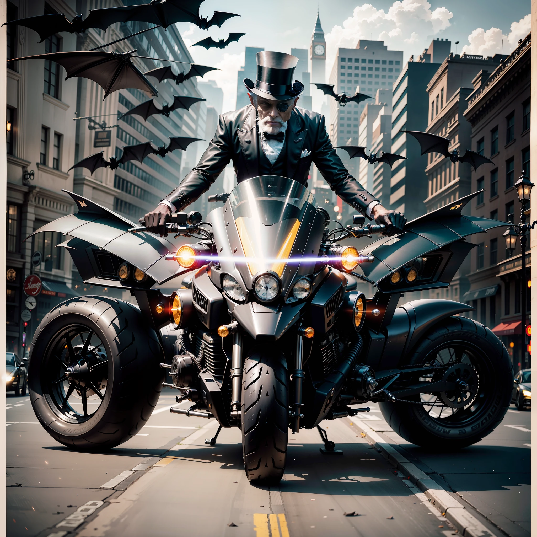 bat large motorcycle, jet engine, flyable, jet hover mechanism, old gentleman in tuxedo wearing top hat, leather black gloves and leather face mask, night city background, cyber machine,