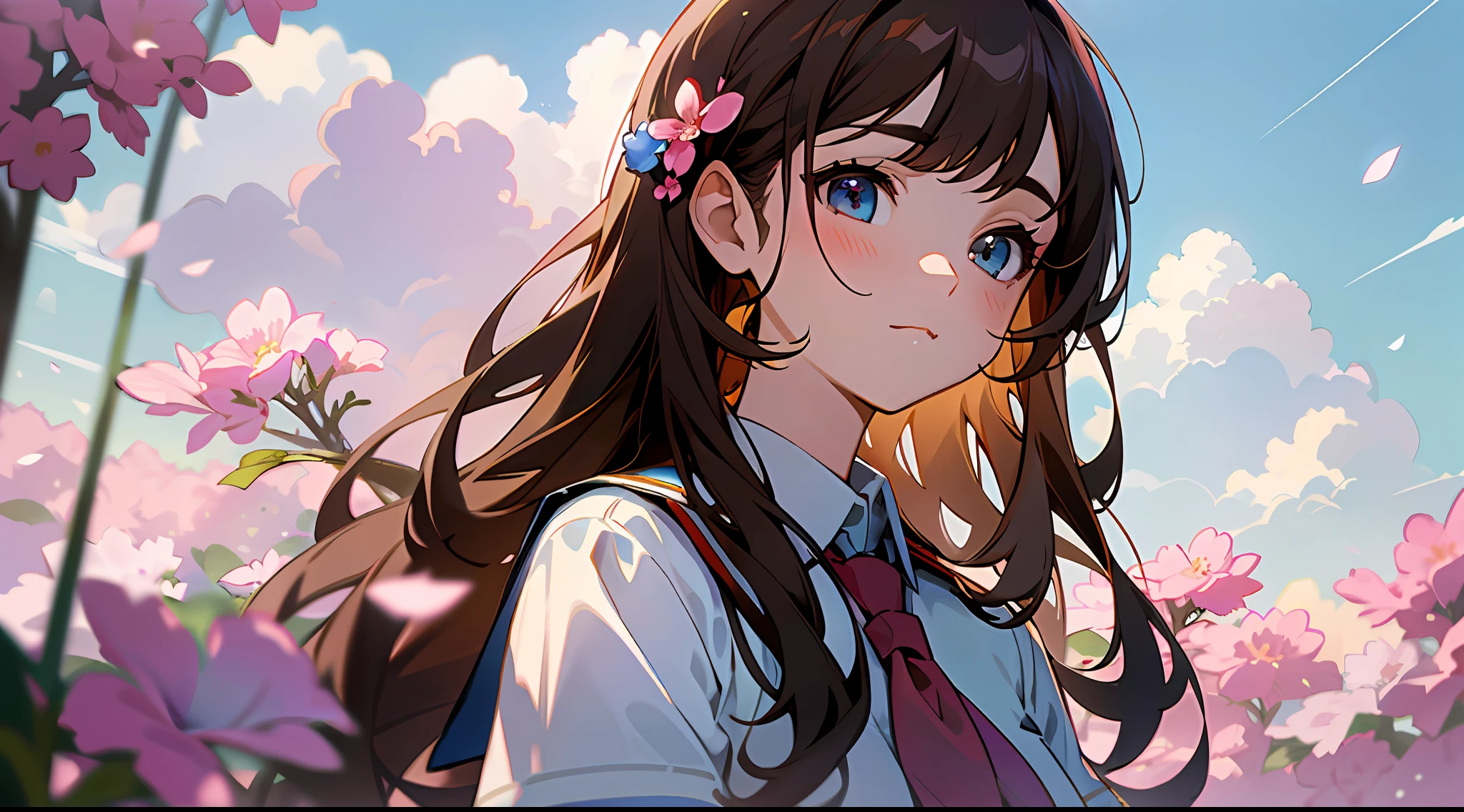 Bust, upper body, vista, panorama, perspective, depth of field, cinematic angle, masterpiece, best quality, super detailed, CG, 8K wallpaper, pretty face, delicate eyes, a girl, solo, head up, brown hair, long hair, school uniform, short sleeves, white shirt, outdoors, blue sky, pink flower, flower, sky, sky, cloud, sunlight, viewed from the side