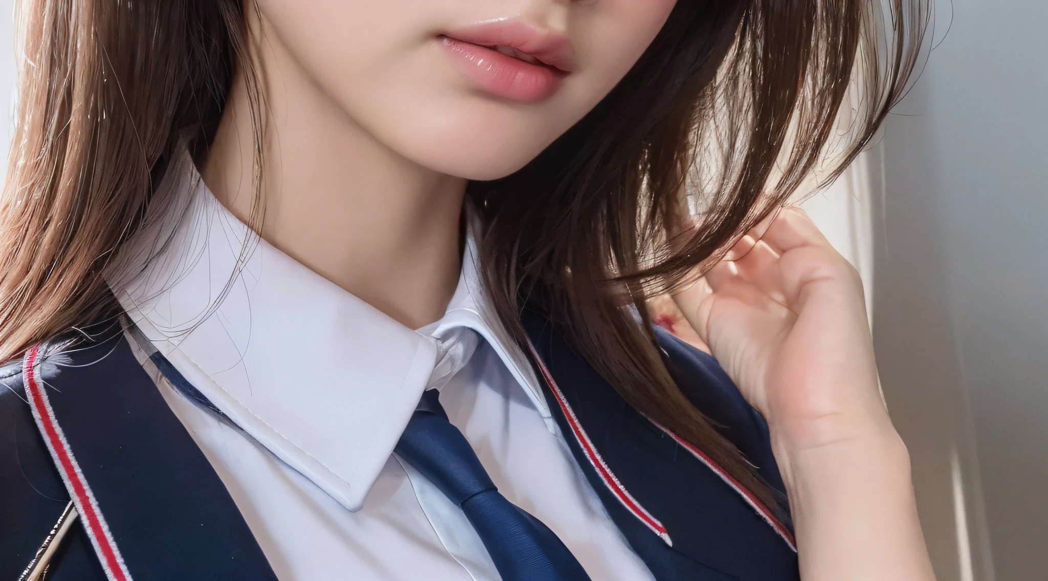 (top quality, high resolution, masterpiece), (close-up of eyes), 18 year old girl, tall and pretty woman, slender abs, styled dark brown hair, chest, wearing tie ribbon, white button-up shirt, dark blue jacket, belt, navy blue pleated skirt, (school in background), exquisitely rendered details on face and skin texture, detailed eyes, Double eyelids, upper eyes, cheeks slightly pink