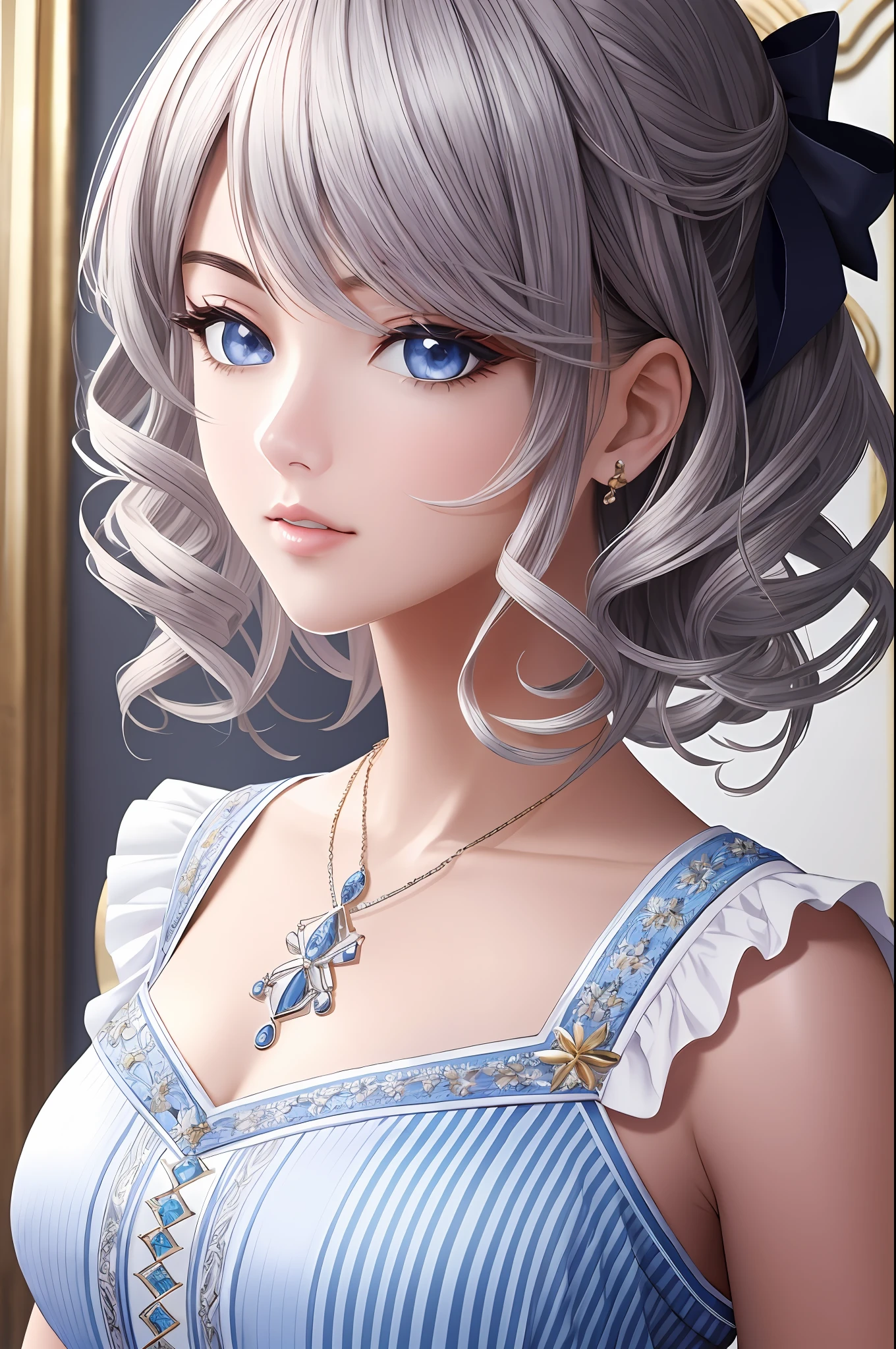 Illustration, anime style, (masterpiece, top quality, super detail, high resolution), perfect face, beautiful eyes, side lights, shiny skin, (bloom), (shine), lighting, ray tracing, 1girl, solo, silver hair, black moisturized eyes, summer short sleeves, hair bow, pink skirt, bow, pink bow, lips, upper body, curly hair, chest, parted lips, jewelry, depth_of_field, very detailed background, very detailed background, masterpiece, super detail, great composition,dynamic angle,[bottle bottom],(wide shot), very delicate and beautiful,(best quality), depth of field, solo, extreme light and shadow, masterpiece, rich in detail, (fine features), (best quality), (masterpiece), (detail), (beautiful) detail, Beautiful Detail Eye,(Straight On), Upper Body,(Very Detail CG Unity 8k wallpaper),(Masterpiece), (Best Quality), (Super Detail)(Best Illustration)(Best Shadow),Perfect Lighting,Perfect Anatomy