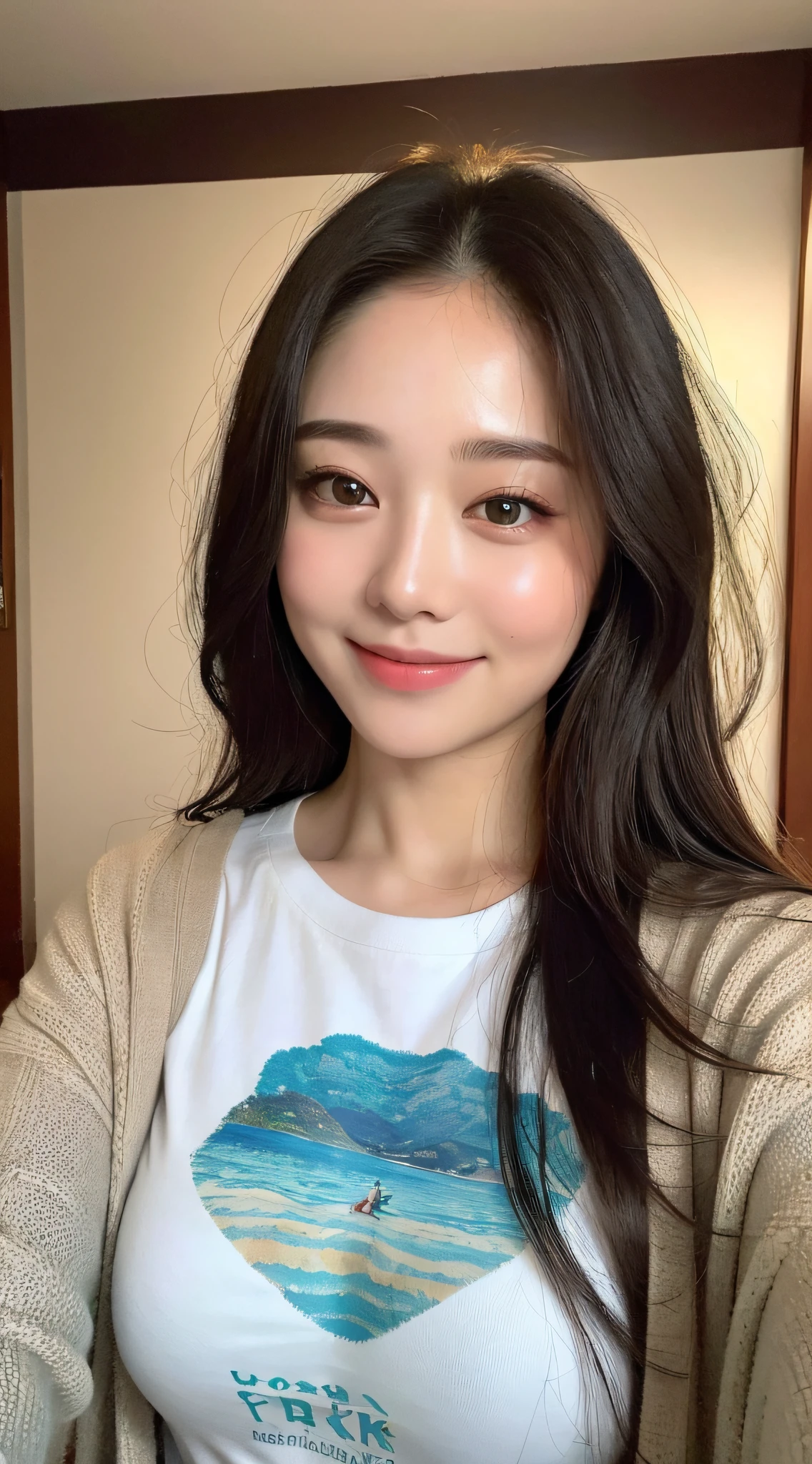 ((Top Quality, 8k, Masterpiece: 1.3)), 1 girl, Beautiful woman with plump abs: 1.3, Full body, (Long hair, big: 1.2), T-shirt: 1.2, Super delicate face, Delicate eyes, Double eyelids, Smile, Sea, Cardigan