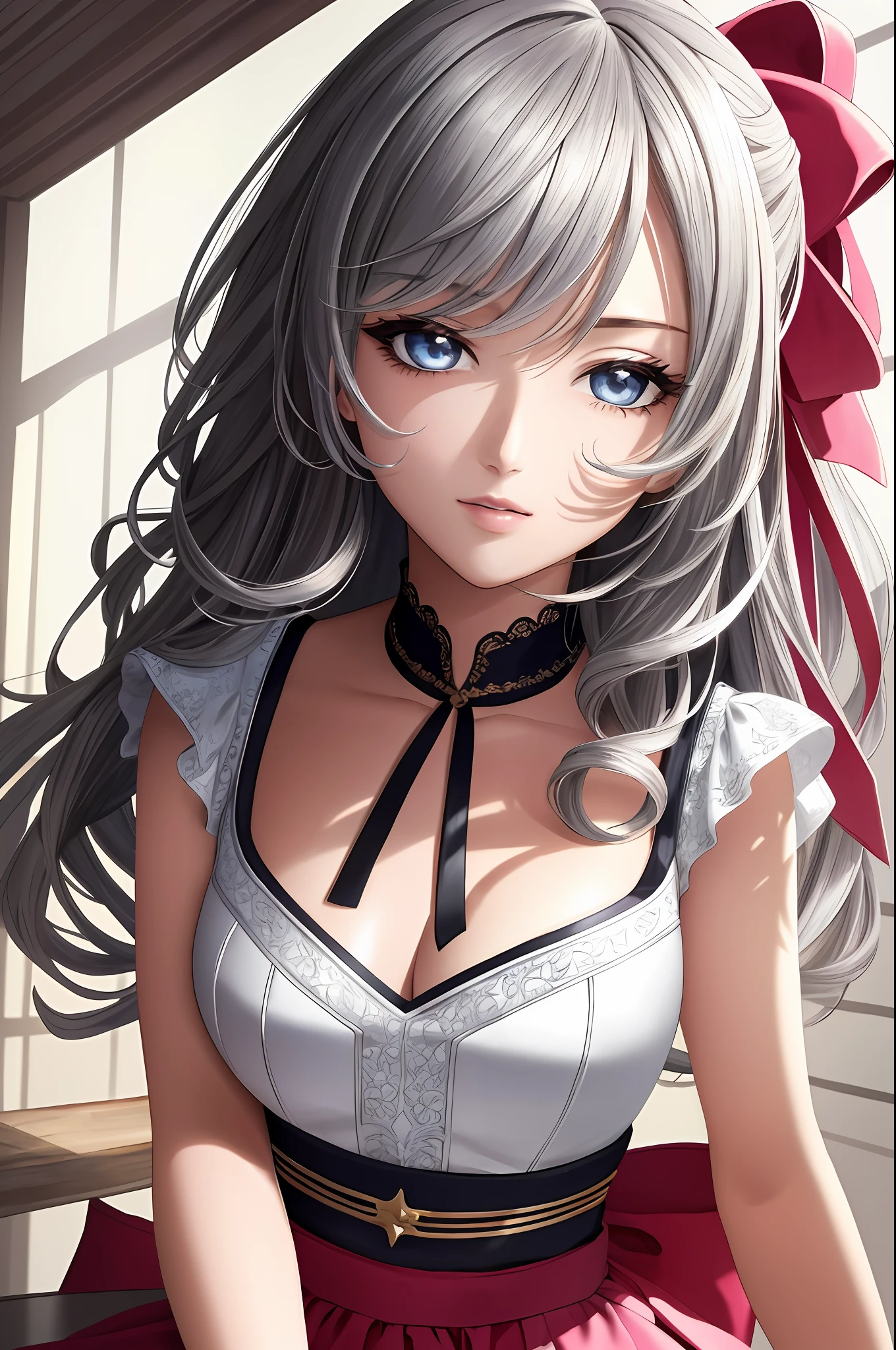 Illustration, anime style, (masterpiece, top quality, super detail, high resolution), perfect face, beautiful eyes, side lights, shiny skin, (bloom), (shine), lighting, ray tracing, 1girl, solo, silver hair, black moisturized eyes, summer short sleeves, hair bow, pink skirt, bow, pink bow, lips, upper body, curly hair, chest, parted lips, jewelry, depth_of_field, very detailed background, very detailed background, masterpiece, super detail, great composition,dynamic angle,[bottle bottom],(wide shot), very delicate and beautiful,(best quality), depth of field, solo, extreme light and shadow, masterpiece, rich in detail, (fine features), (best quality), (masterpiece), (detail), (beautiful) detail, Beautiful Detail Eye,(Straight On), Upper Body,(Very Detail CG Unity 8k wallpaper),(Masterpiece), (Best Quality), (Super Detail)(Best Illustration)(Best Shadow),Perfect Lighting,Perfect Anatomy