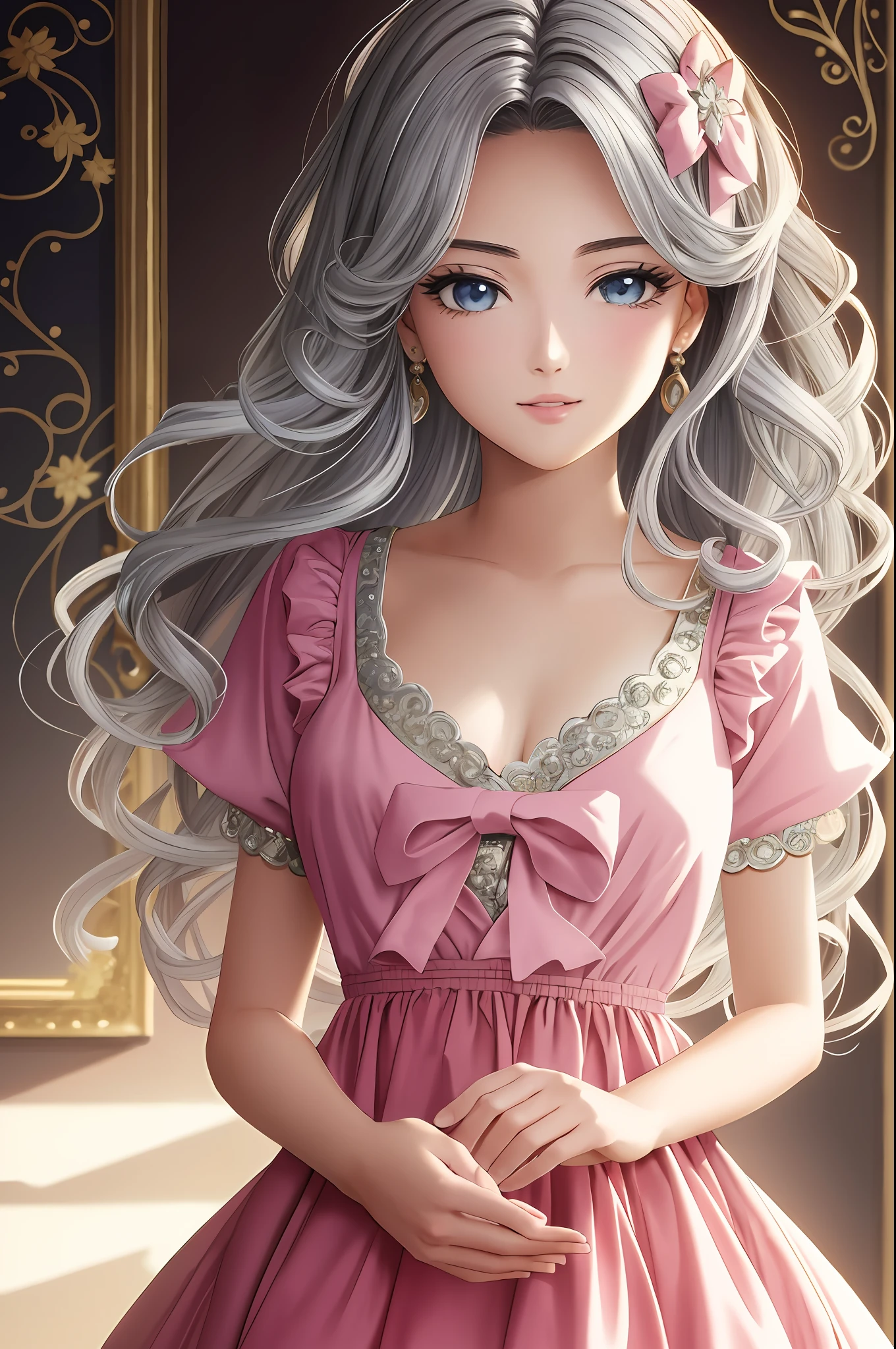 Illustration, anime style, (masterpiece, top quality, super detail, high resolution), perfect face, beautiful eyes, side lights, shiny skin, (bloom), (shine), lighting, ray tracing, 1girl, solo, silver hair, black moisturized eyes, summer short sleeves, hair bow, pink skirt, bow, pink bow, lips, upper body, curly hair, chest, parted lips, jewelry, depth_of_field, very detailed background, very detailed background, masterpiece, super detail, great composition,dynamic angle,[bottle bottom],(wide shot), very delicate and beautiful,(best quality), depth of field, solo, extreme light and shadow, masterpiece, rich in detail, (fine features), (best quality), (masterpiece), (detail), (beautiful) detail, Beautiful Detail Eye,(Straight On), Upper Body,(Very Detail CG Unity 8k wallpaper),(Masterpiece), (Best Quality), (Super Detail)(Best Illustration)(Best Shadow),Perfect Lighting,Perfect ???????
