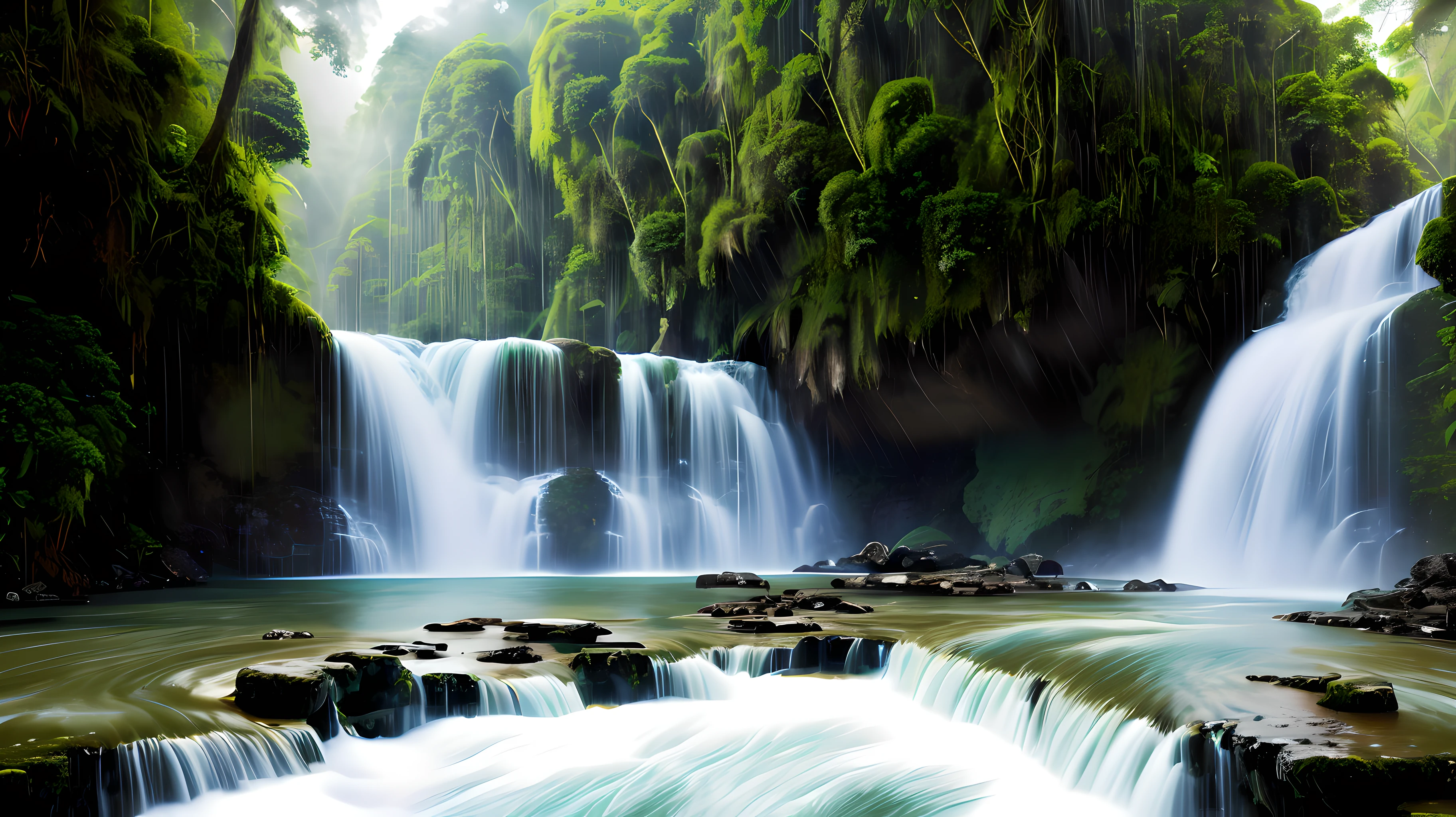 ((high resolution, high quality, 8k, masterpiece, realistic, high detail)), (a landscape of the Amazon forest), waterfall in the middle, raining, wide camera shot