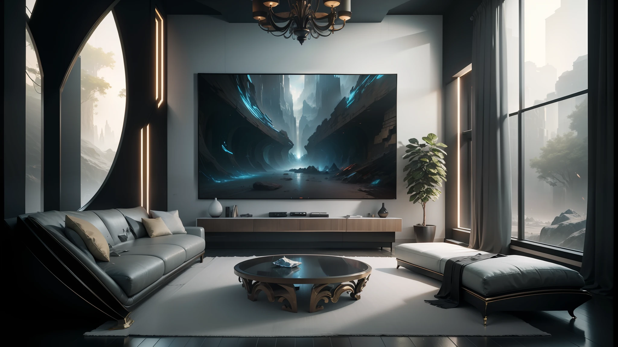 there is a large painting on the wall in a living room, unreal engine fantasy art, unreal engine art, sci - fi interior, cgsociety unreal engine, 8k fantasy art, cgsociety 9, unreal engine 5 digital art, 4k fantasy art, jessica rossier color scheme, unreal engine cinema4d, cinematic unreal 5, futuristic room, 8k stunning artwork --auto --s2