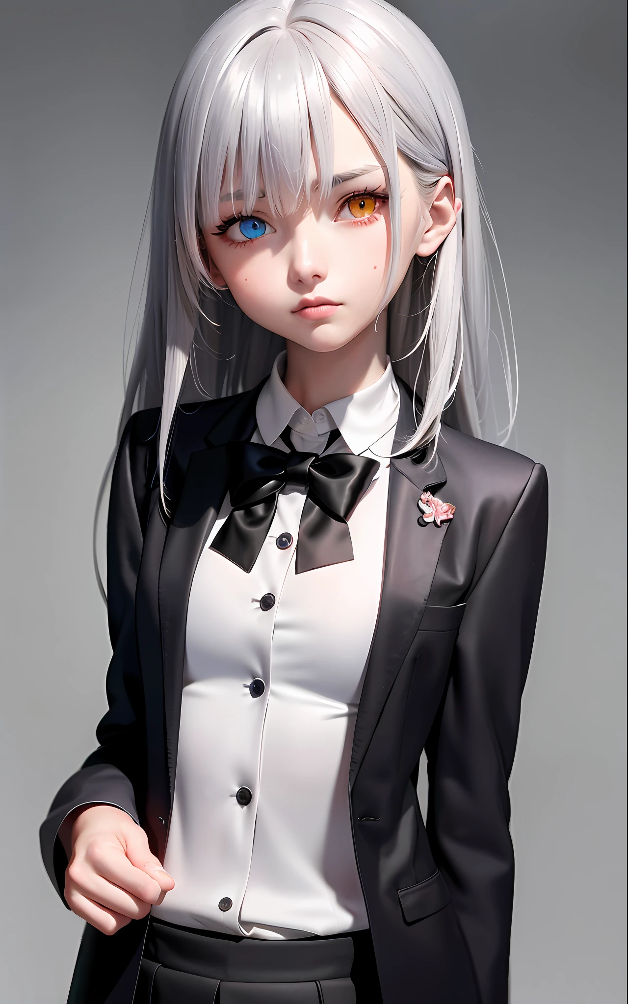 Superb Piece, Masterpiece, High Resolution, Best Quality, UHD, Super Detail, Award-Awarded, 16k, (Upper Body), (A Beautiful Girl), Gray Hair, Hair, ((Heterochromia)), Hanging Corners, Fair Skin, (Small Breasts), (Slim Body), ((Japanese Student Small Blazer Jacket Uniform)), (Neck Ring), Finger Covers