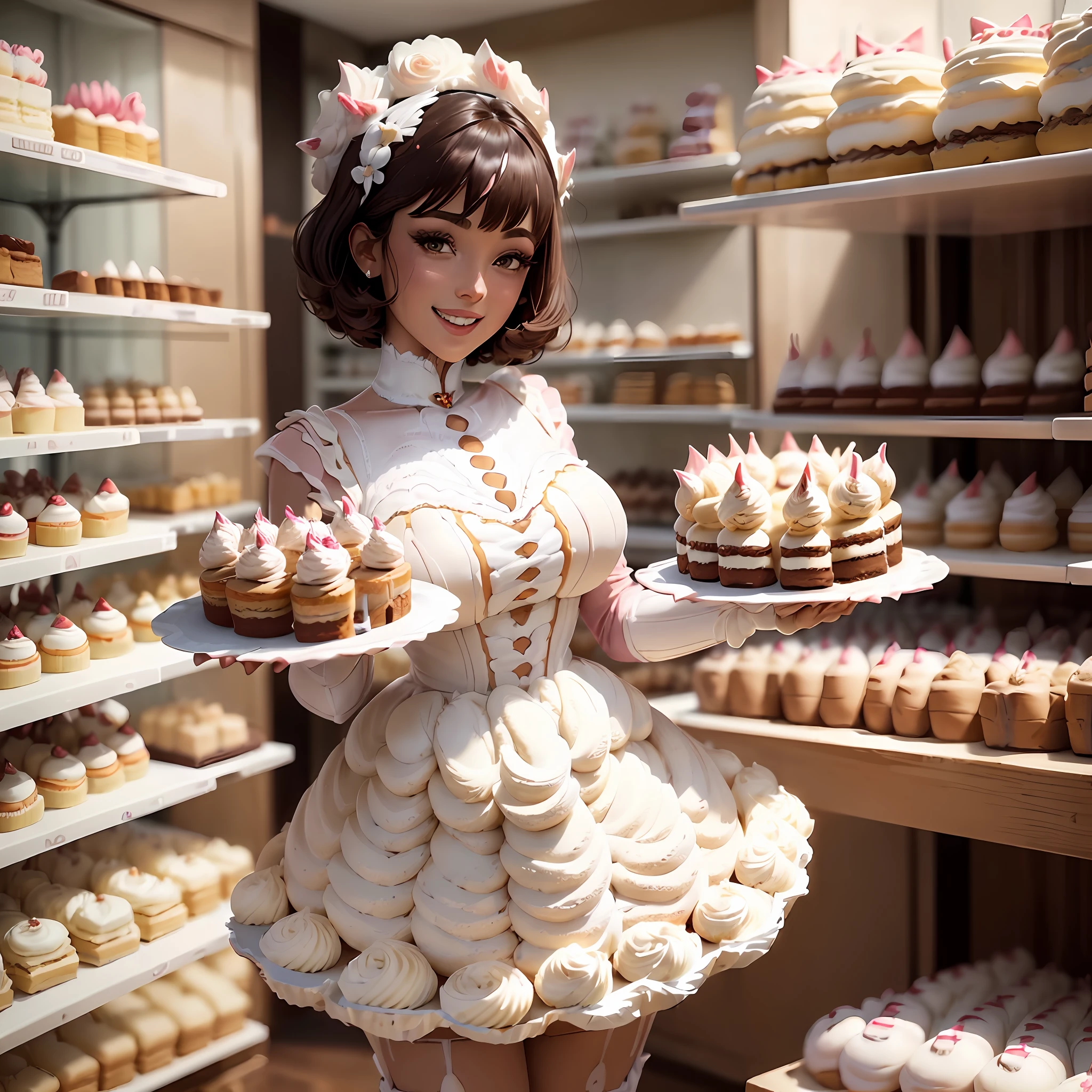 Low angle, ultra-realistic, A woman, dark short hair, surrounded by (many cream cakes:1.5) wearing a pink vinyl outfit (stained with white cream:1.2), is looking at the camera, laughing, bakery