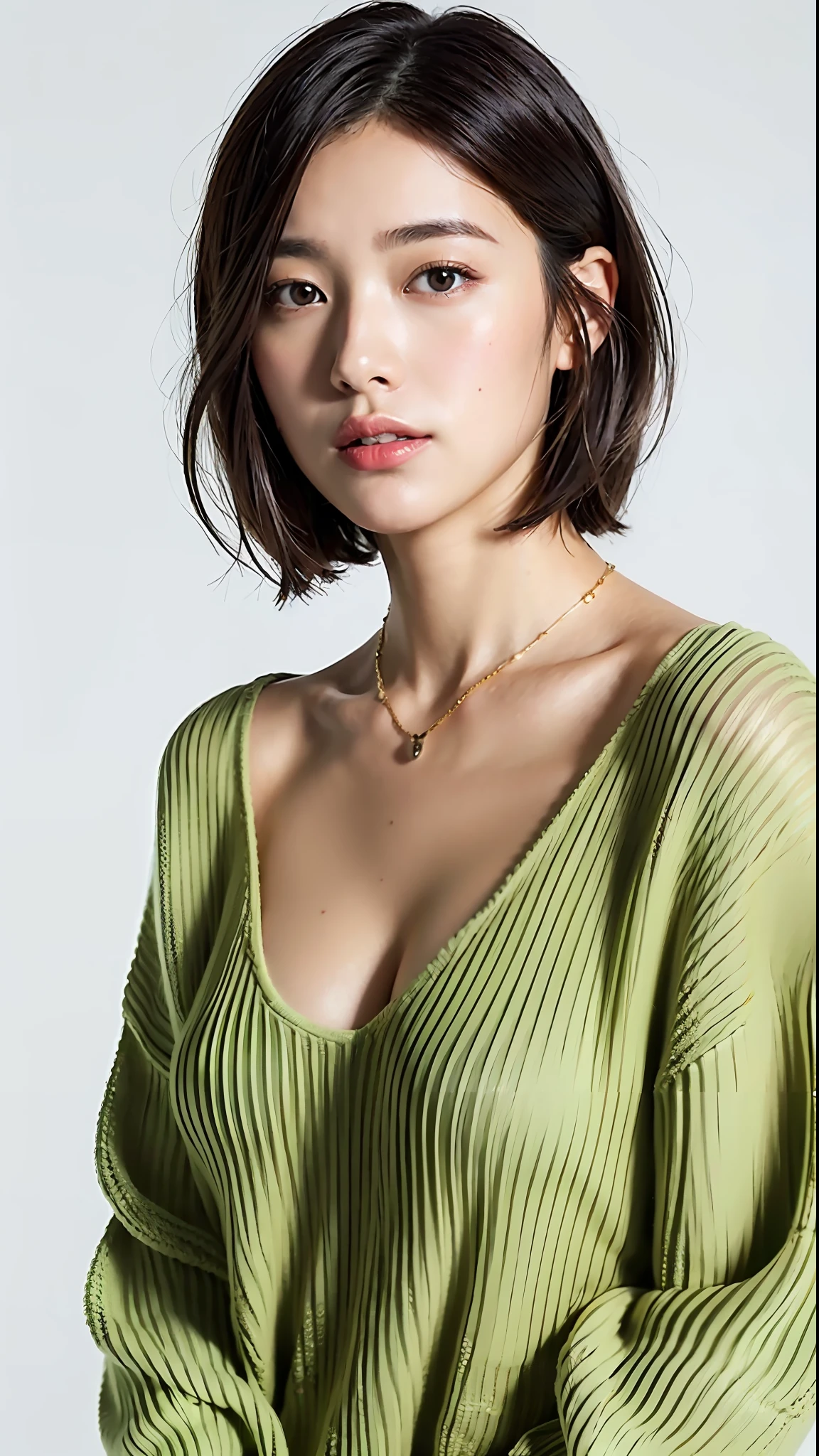 (Best quality, 8k, 32k, Masterpiece, UHD:1.2),Photo of Pretty Japanese woman, large breasts, very short bob hair,upper body,(oversized_sweater,:1.1) necklace, simple background, looking at around