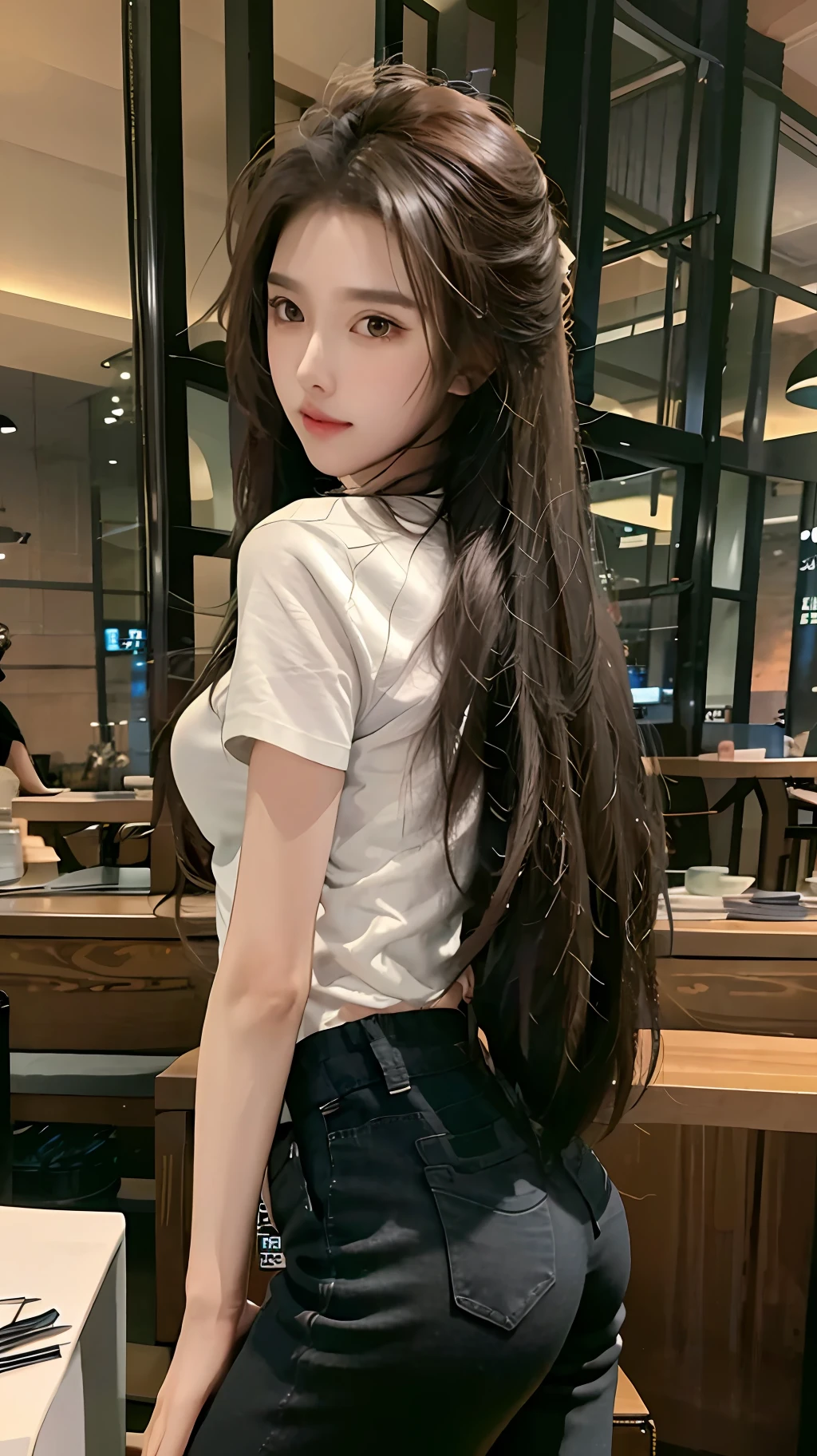 realistic, high resolution, 1 girl, long hair, korean,, tight black shirt, short jeans, thighs, panties visible, big ass, standing, in a cafe, shot from the front