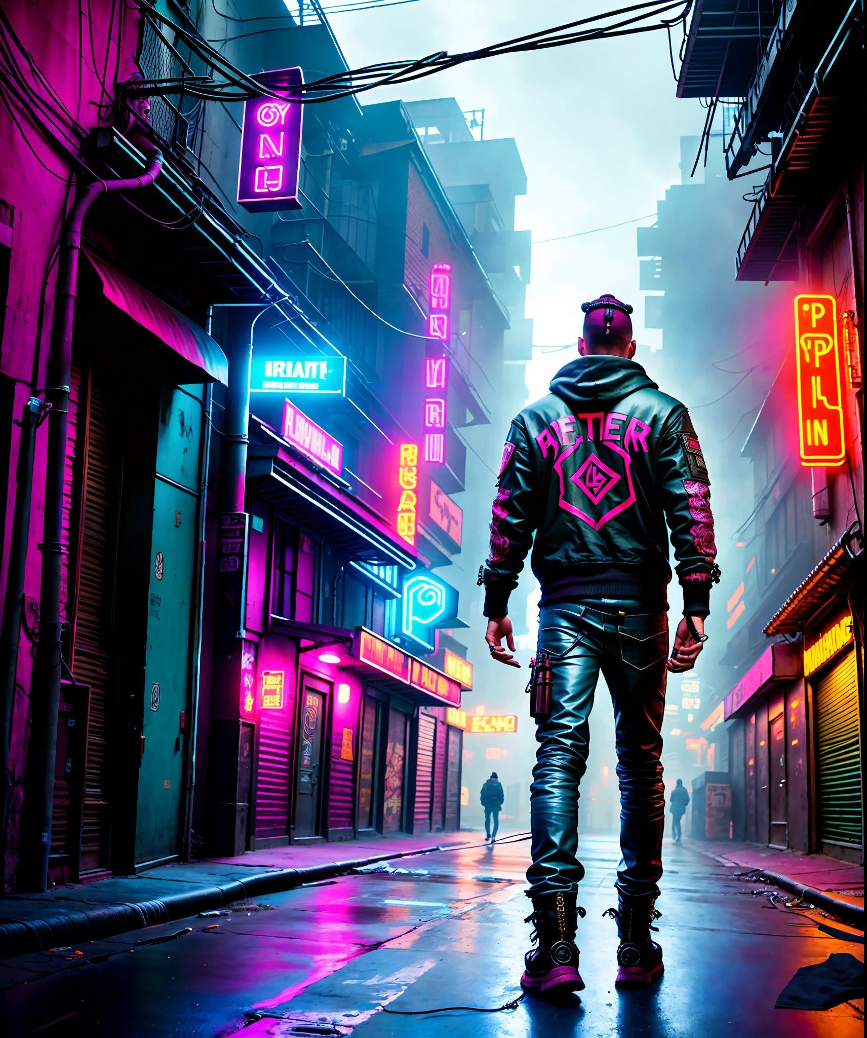 artistic photograph of a cyberpunk thug, full body shot, extremely detailed, centered, intricate neon back alley in the background, high resolution, hyperdetailed, soft lighting, film grain