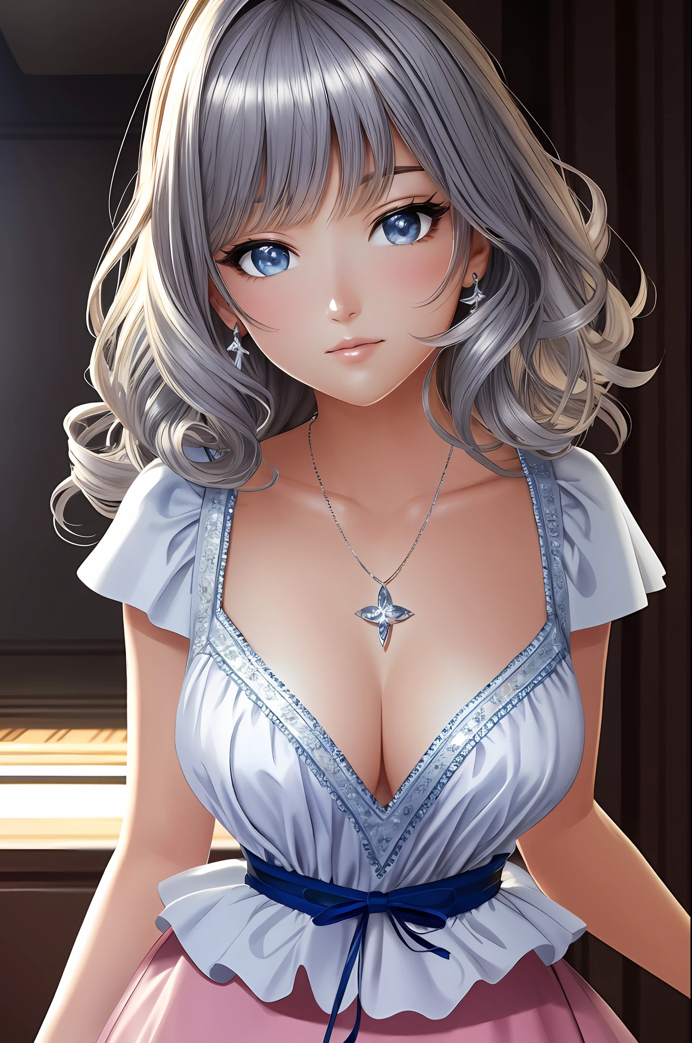 Illustration, anime style, (masterpiece, top quality, super detail, high resolution), perfect face, beautiful eyes, side lights, shiny skin, (bloom), (shine), lighting, ray tracing, 1girl, solo, silver hair, black moisturized eyes, summer short sleeves, hair bow, pink skirt, bow, pink bow, lips, upper body, curly hair, chest, parted lips, jewelry, depth_of_field, very detailed background, very detailed background, masterpiece, super detail, great composition,dynamic angle,[bottle bottom],(wide shot), very delicate and beautiful,(best quality), depth of field, solo, extreme light and shadow, masterpiece, rich in detail, (fine features), (best quality), (masterpiece), (detail), (beautiful) detail, Beautiful Detail Eye,(Straight On), Upper Body,(Very Detail CG Unity 8k wallpaper),(Masterpiece), (Best Quality), (Super Detail)(Best Illustration)(Best Shadow),Perfect Lighting,Perfect Anatomy