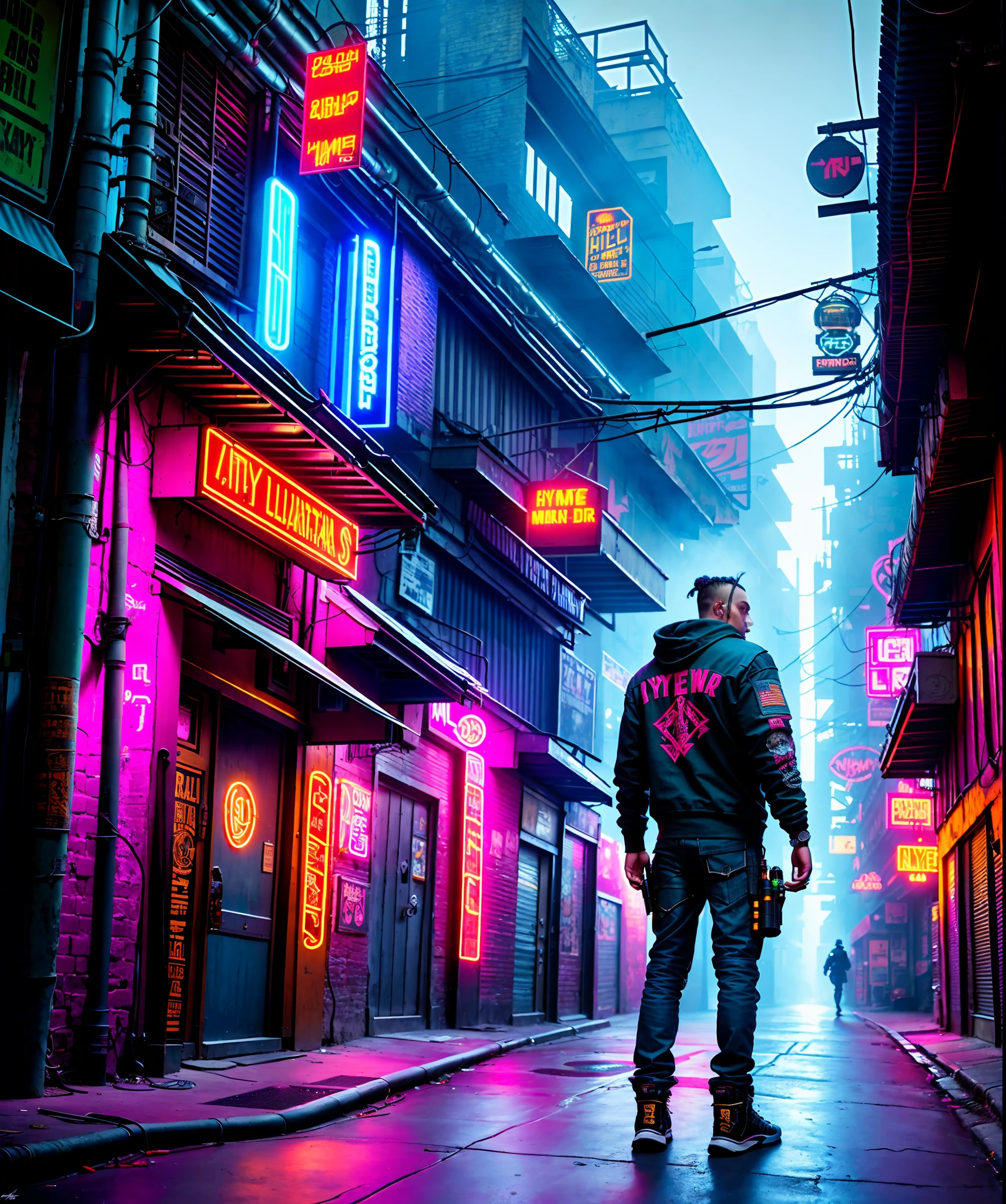 artistic photograph of a cyberpunk thug, full body shot, extremely detailed, centered, intricate neon back alley in the background, high resolution, hyperdetailed, soft lighting, film grain