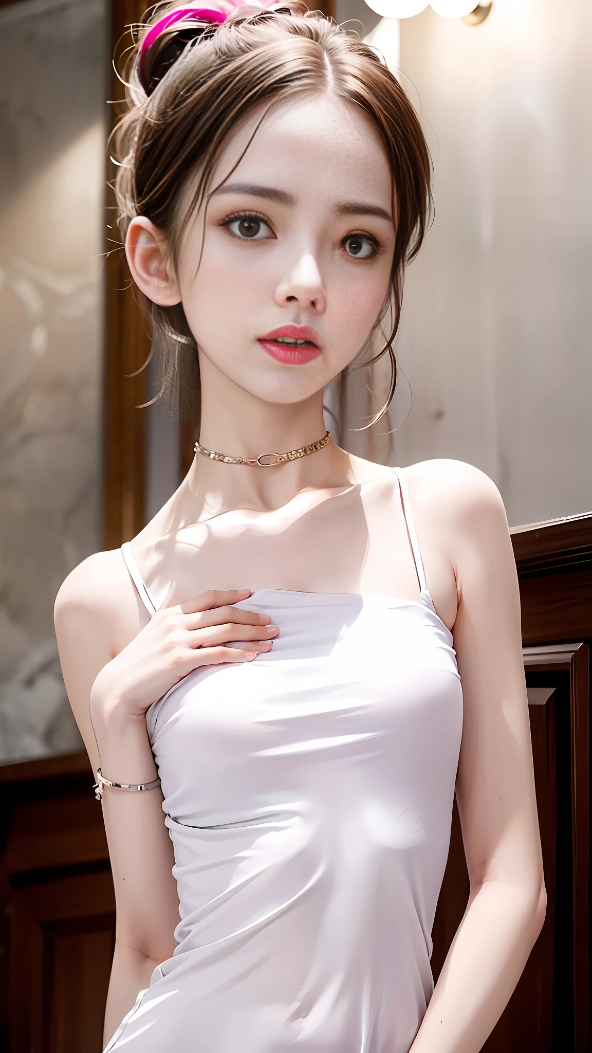 One girl, solo, most beautiful photo, complex, high detail, sharp focusing, dramatic, {{{{{photo}}}},
short torso, {{{very long legs}}}, {{{very thin waist}}}, {{{very small waist}}}, {{very large breasts}},
 {{{Different Clavicles}}},
{{{White skin}}}, {{{Light brown hair}}},
{{{{{very tiny head}}},{{30 years old}}, waistshot, {{{Emotionless face}, {{{Viewers}, {Chest Height View}}}, {White Tube Micro Mini Dress}, {{{Body Conscious Dress}, {Sleeveless dress with cleavage fully exposed and neckline plummeted}}}, Elongated white choker